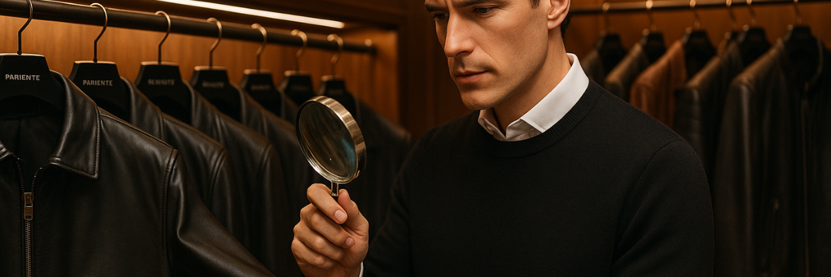 alt="Client examinant à la loupe une veste en cuir véritable dans le showroom de luxe PARIENTE, entouré de blousons en cuir sur cintres en bois."