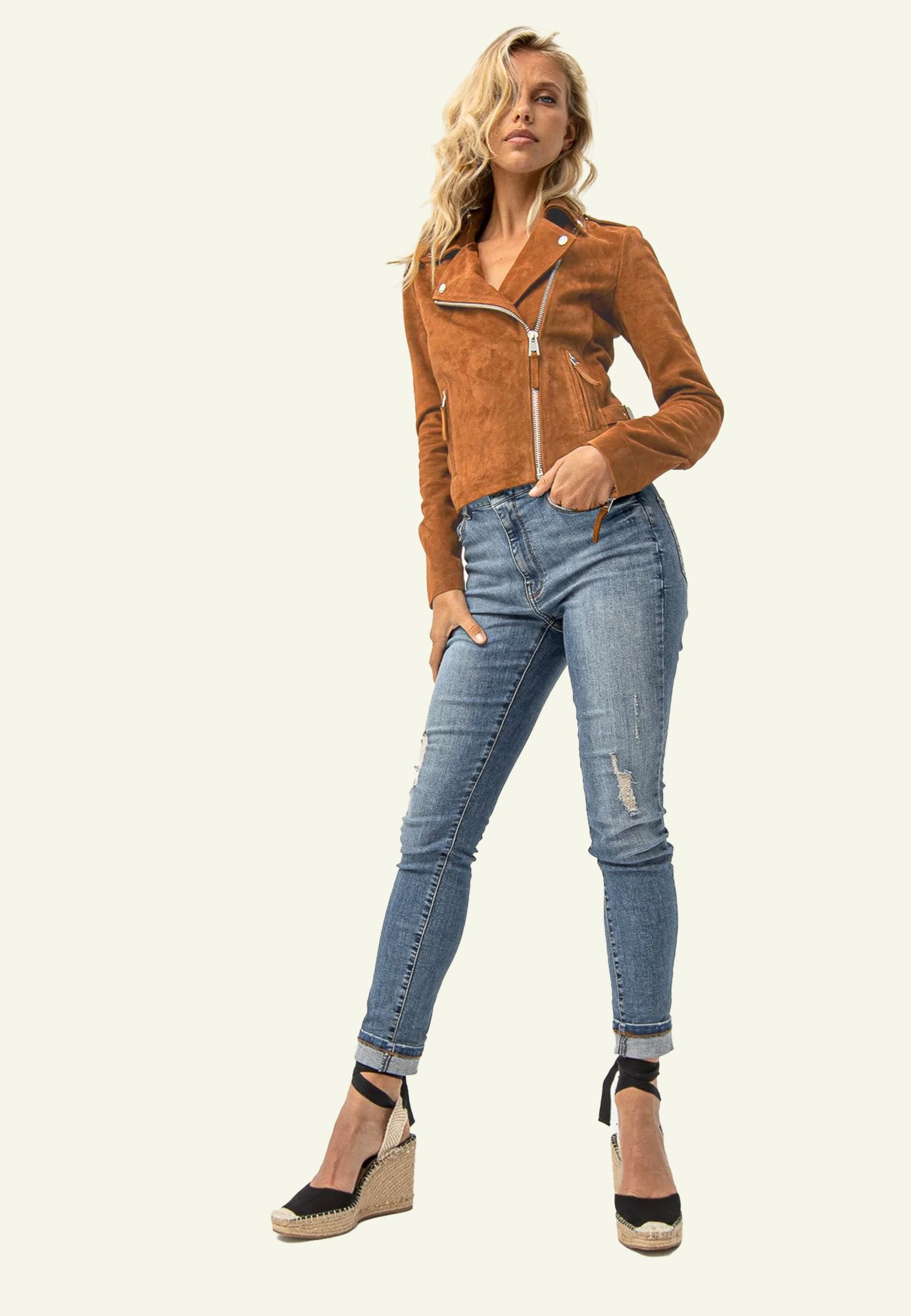 Veste cuir daim cognac femme CITY GIRL VS face — Serge Pariente Paris