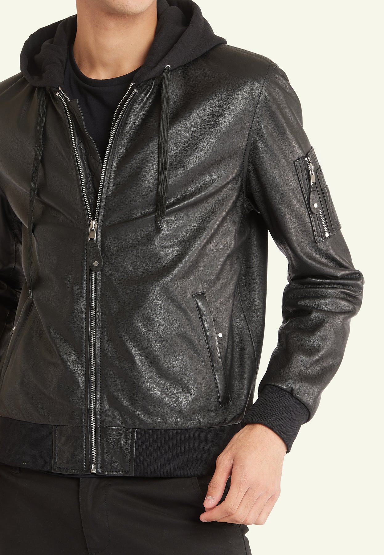 Blouson capuche cuir BALLE HOOD BLACK - vue cote - Serge Pariente Paris