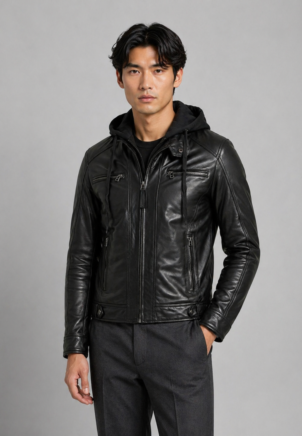 Blouson cuir homme capuche noir ERICO HOOD NF BLACK face — Serge Pariente