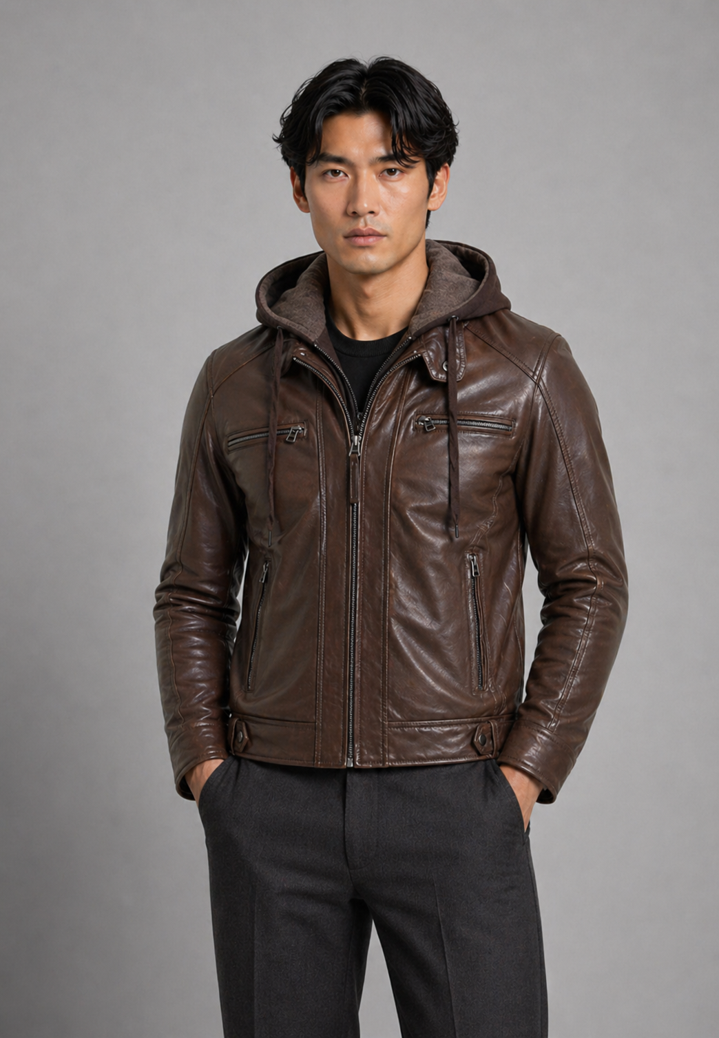 Blouson cuir capuche mocca ERICO HOOD NF face — Serge Pariente Paris