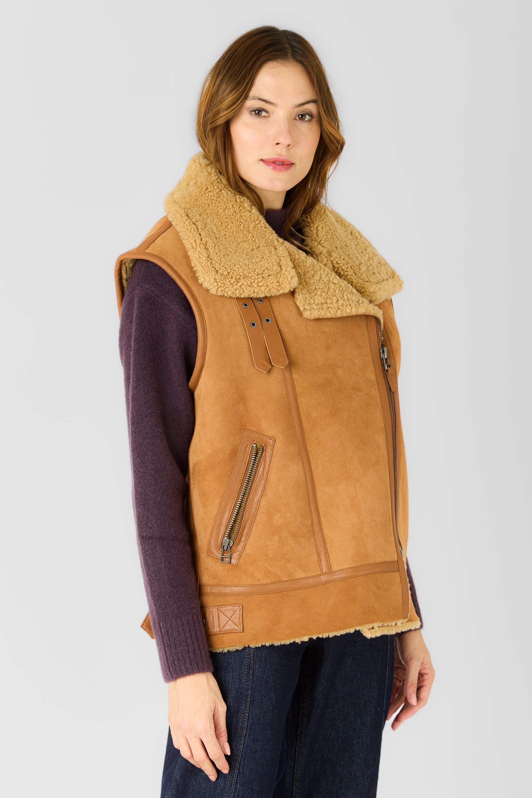 Gilet cuir CHRISTELLE GILET TOBACCO - vue cote - Serge Pariente Paris