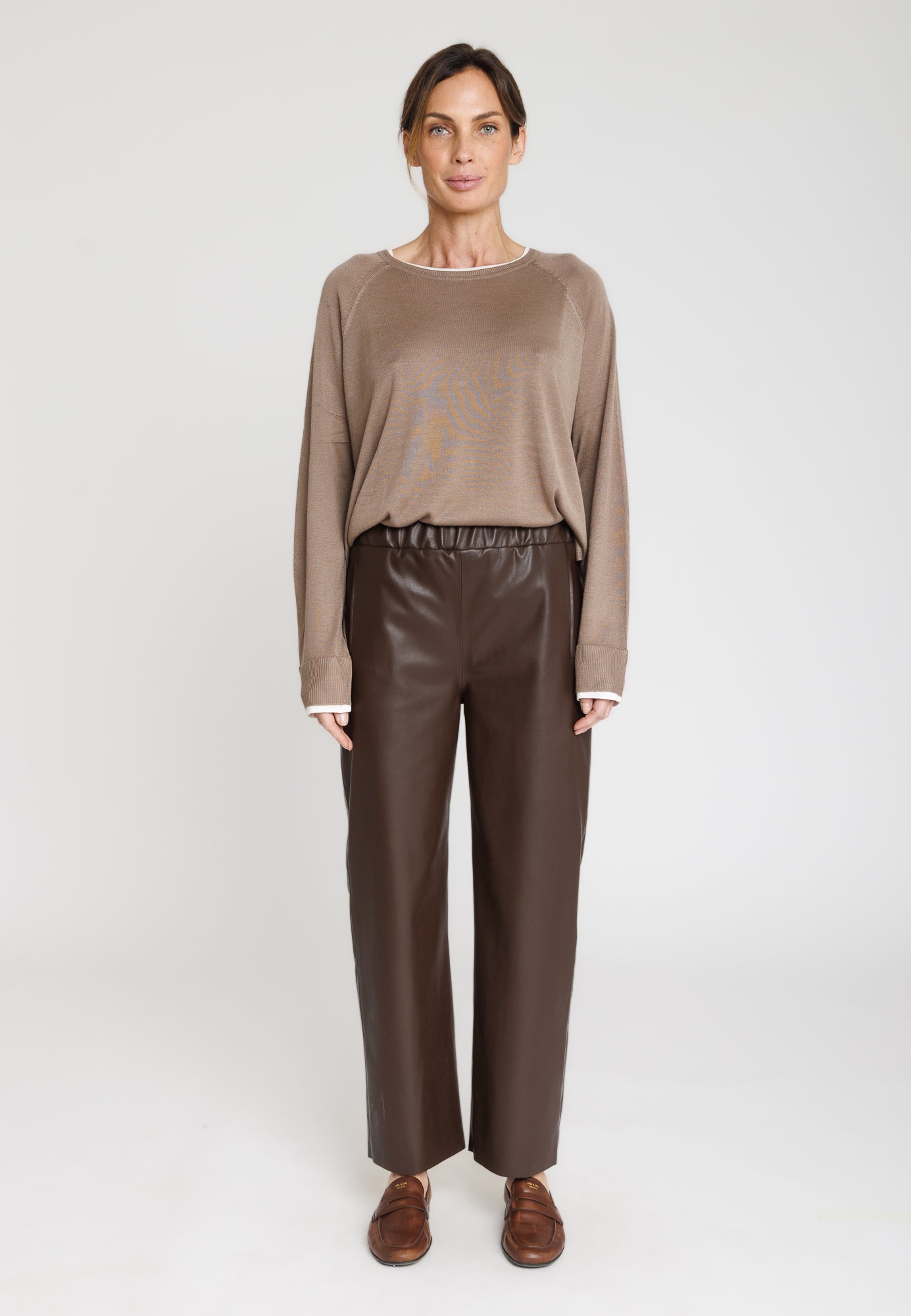 Pantalon cuir JENNY PANT BROWN - vue face - Serge Pariente Paris