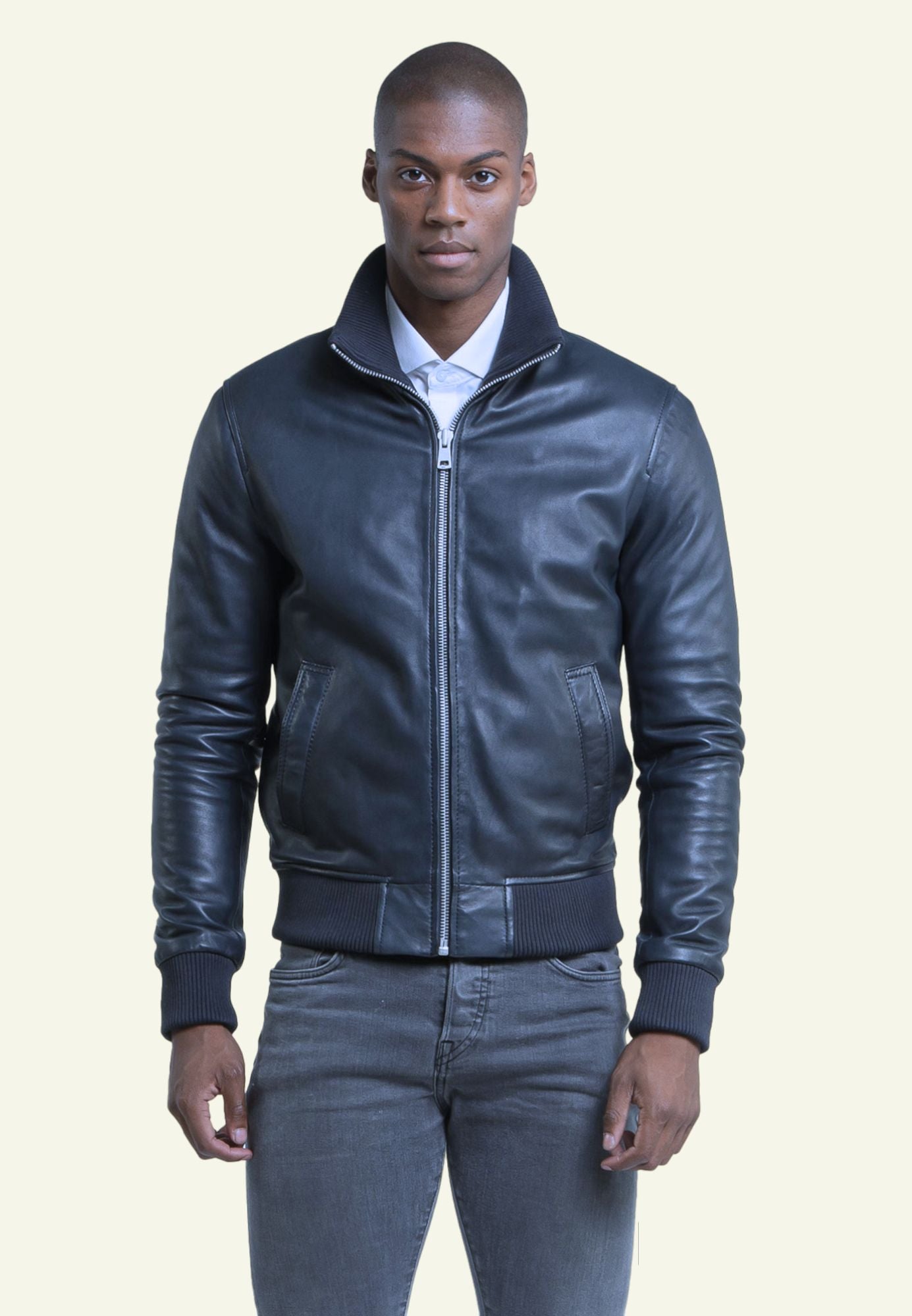 Blouson cuir mouton bleu foncé tricot PAROS BLUE face — Serge Pariente