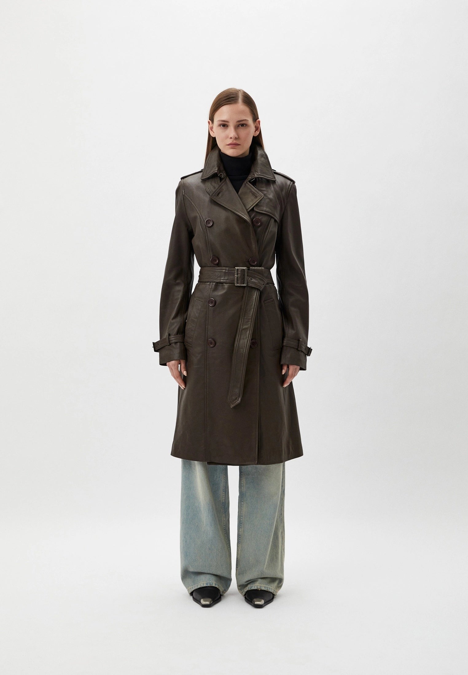 Trench cuir mouton brun long femme GLORIA TRENCH BROWN face — Serge Pariente