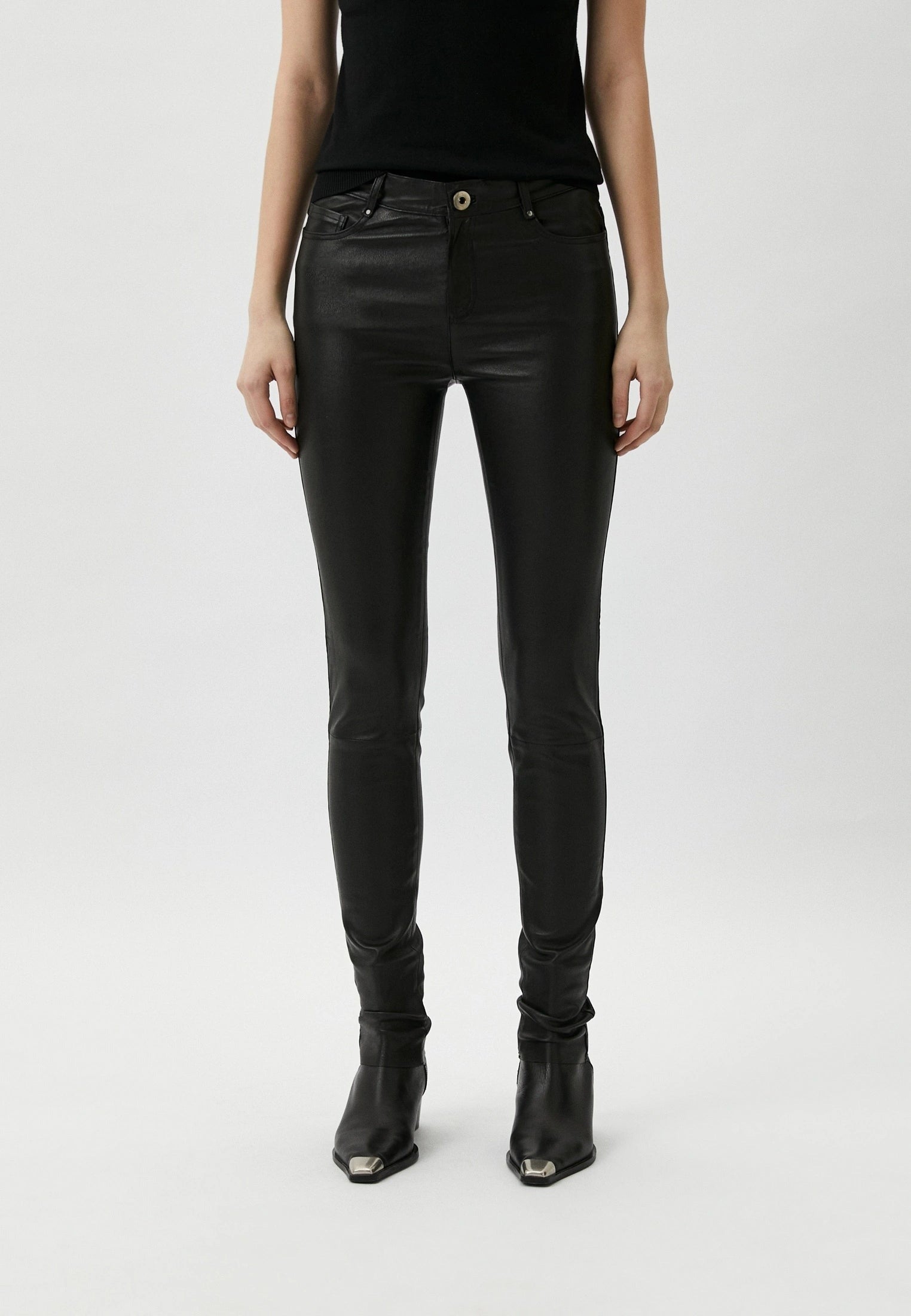 Pantalon cuir nappa noir slim 5 poches femme — Serge Pariente