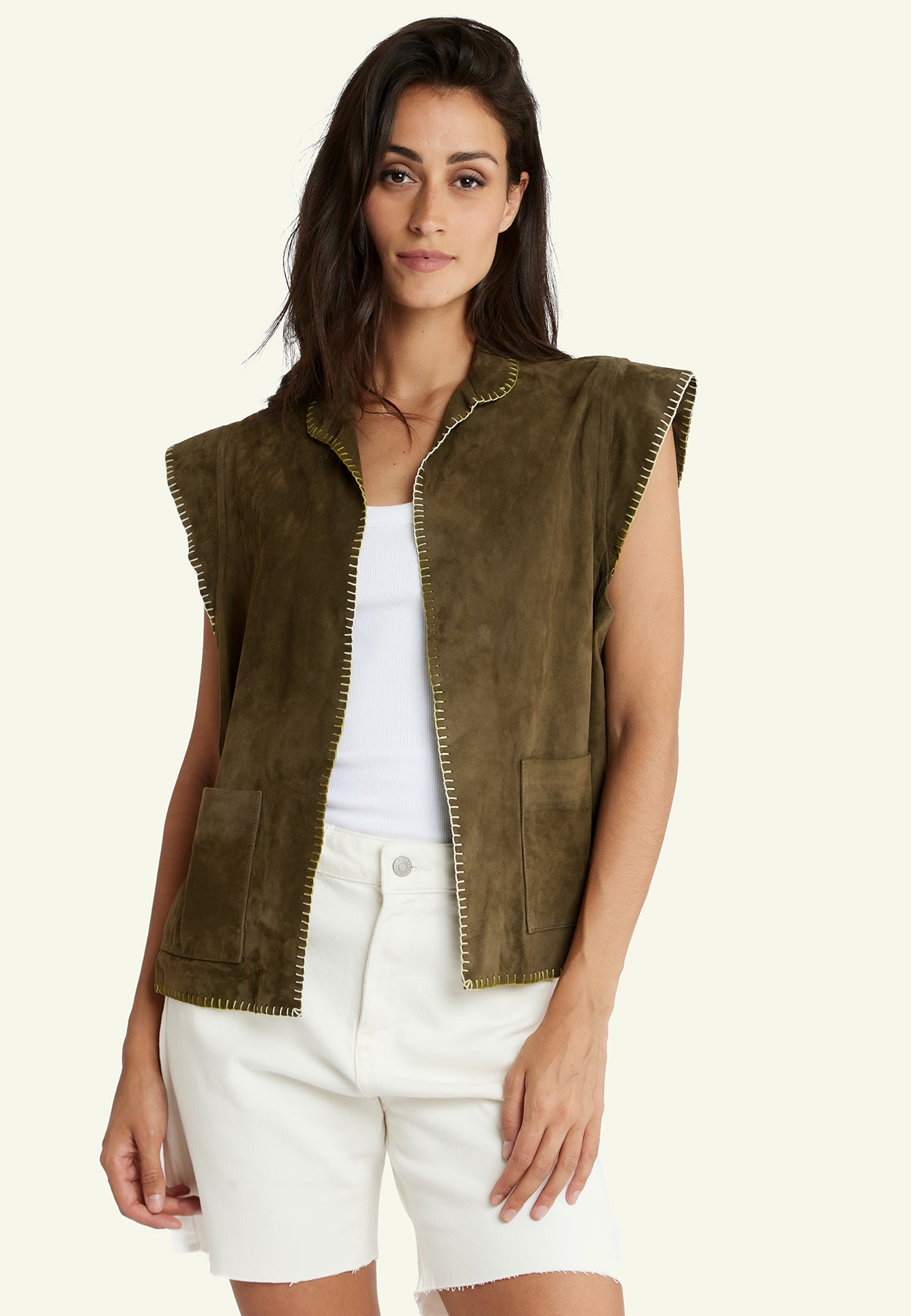 Gilet daim SARAH VEST VS KHAKI - vue face - Serge Pariente Paris