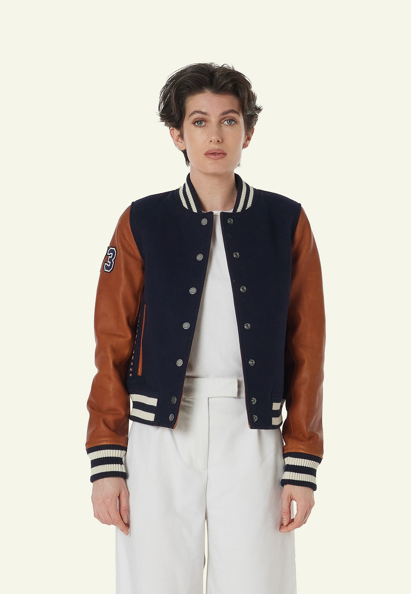 Donne bombardiere varsity cammello e blu