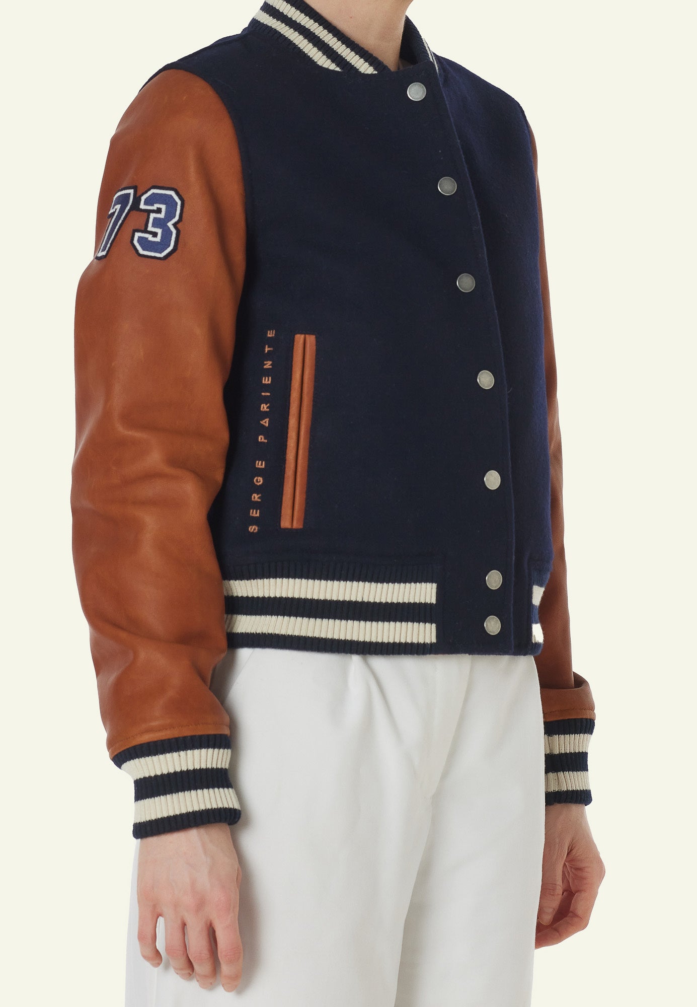 Donne bombardiere varsity cammello e blu
