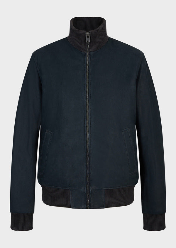 Blouson laine et cuir vache PAROS WOOL COW NAVY - vue face - Serge Pariente Paris