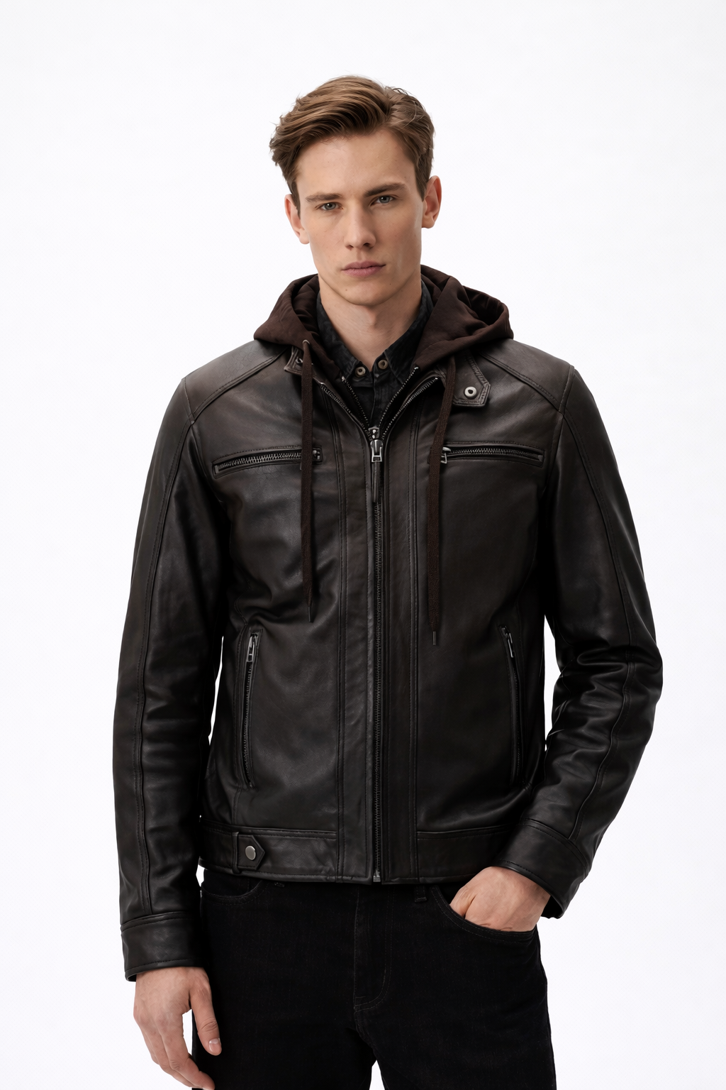 Blouson capuche cuir ERICO HOOD BROWN - vue face - Serge Pariente Paris