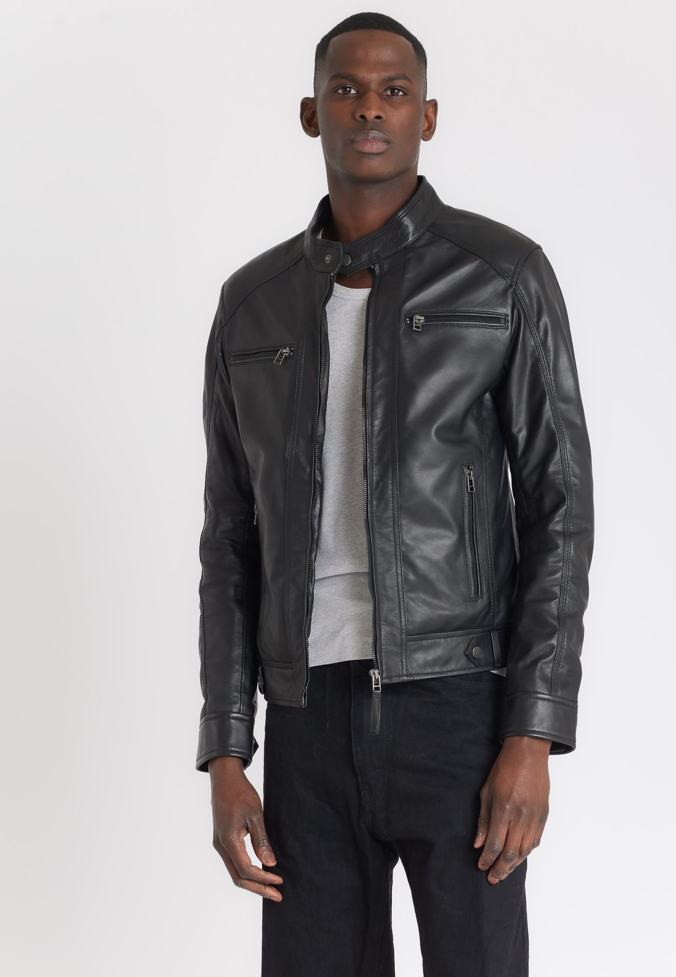Blouson cuir homme col motard ERICO BLACK face — Serge Pariente Paris
