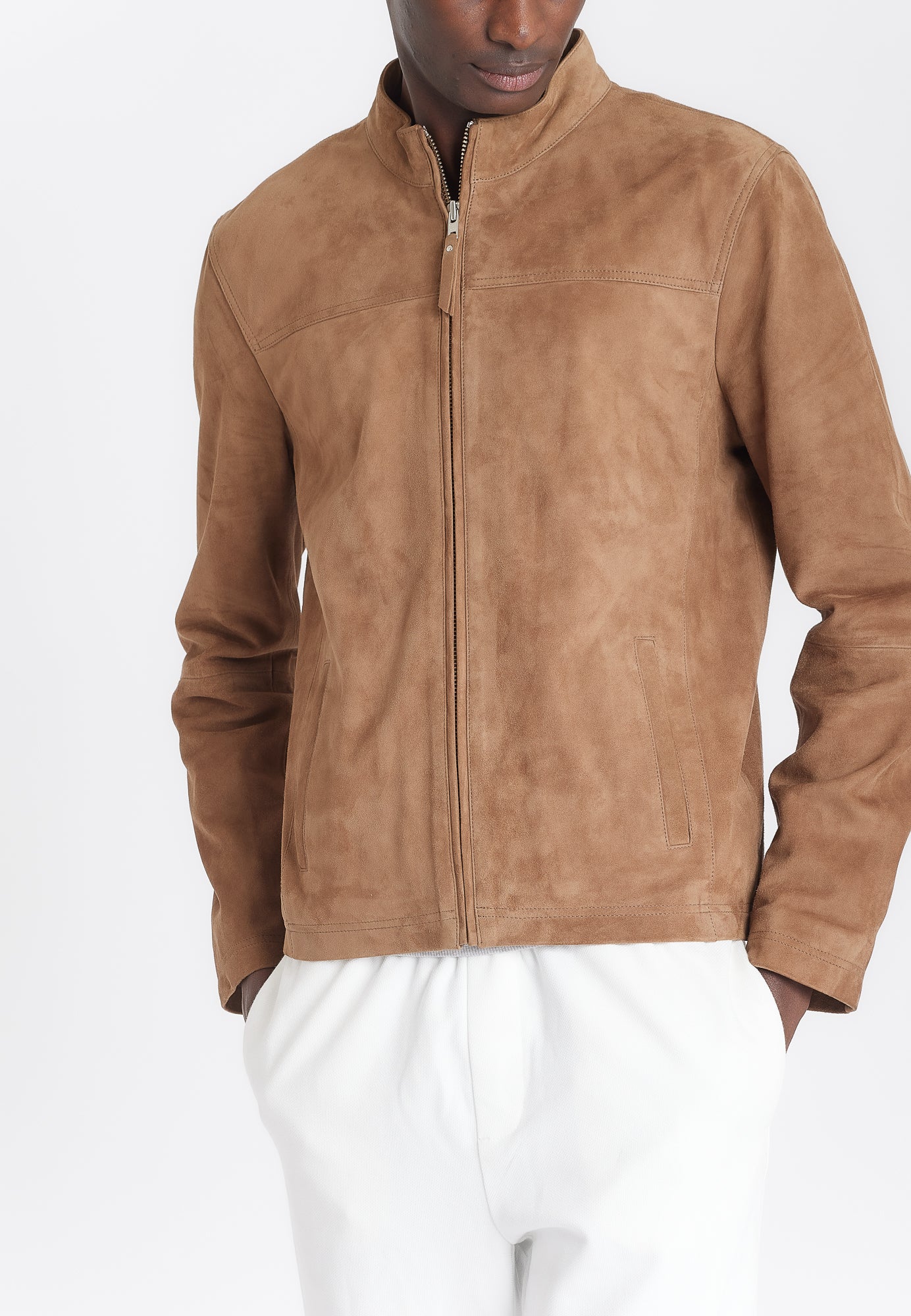 Blouson daim SYLVINO VS TAUPE vue côté — Serge Pariente Paris