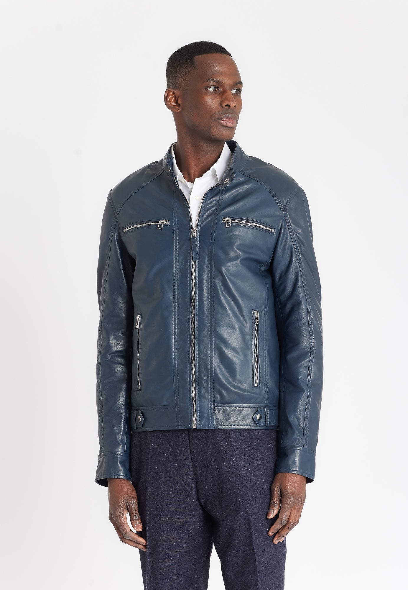 Blouson cuir ERICO BLUE - vue detail - Serge Pariente Paris