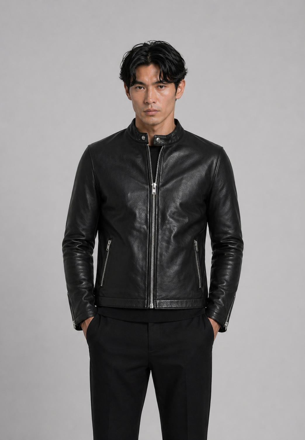 Veste cuir mouton noir col chemise STYLE 20 face — Serge Pariente Paris
