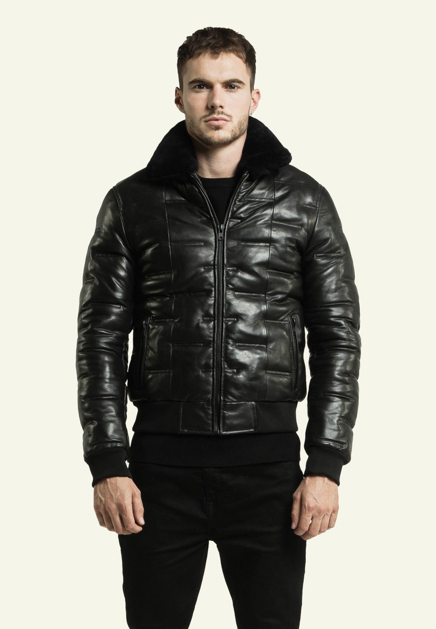 Doudoune cuir mouton noir TAYLOR BLACK face — Serge Pariente Paris