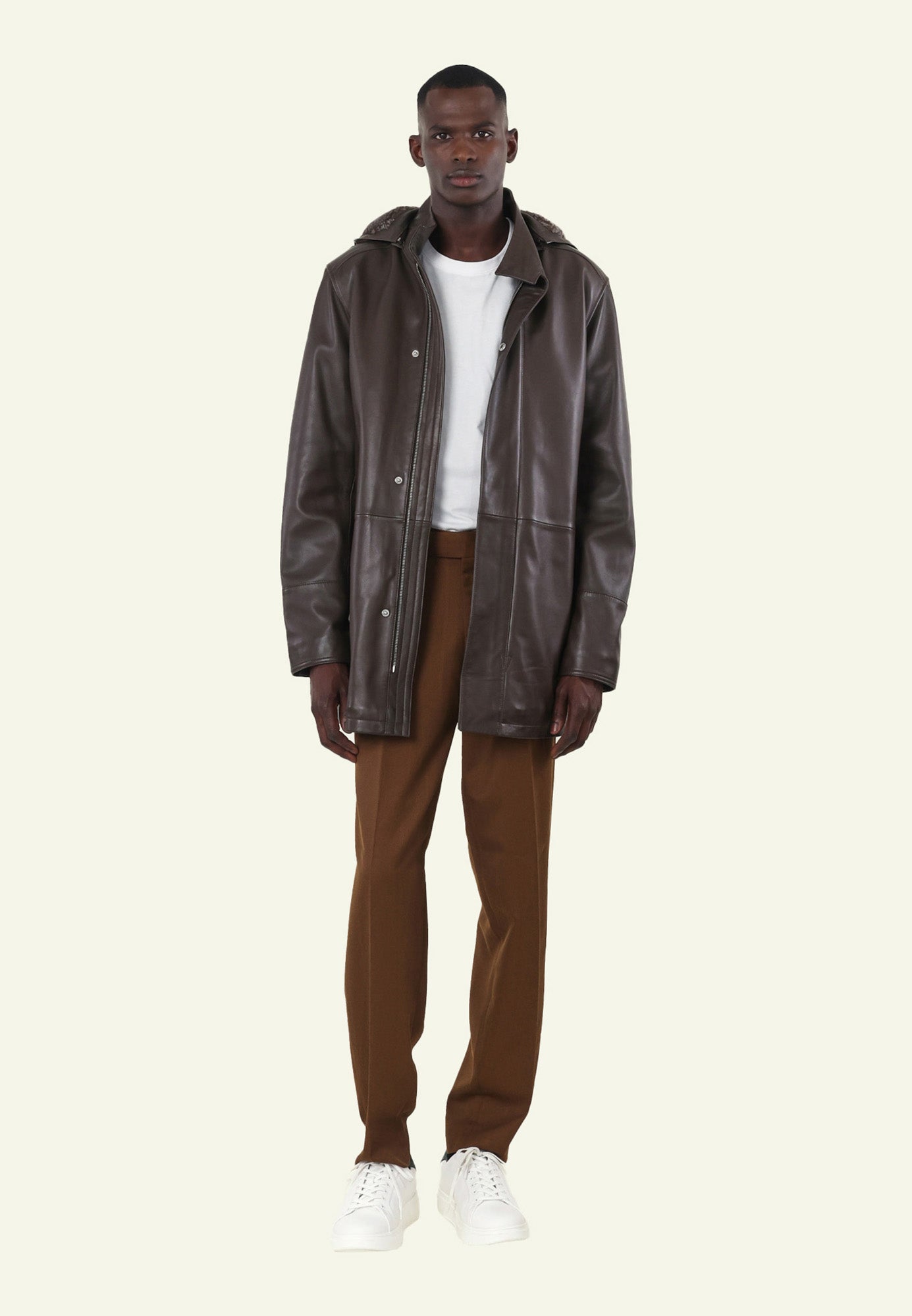 Manteau cuir mouton brun long COAT BROWN face — Serge Pariente Paris