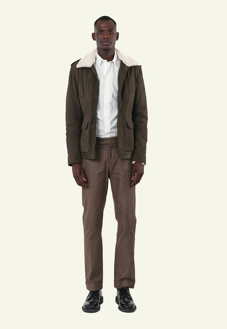 Veste cuir nubuck kaki-beige multipoches homme FRAN face — Serge Pariente