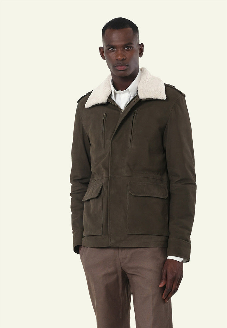 Veste cuir nubuck FRAN KHAKI BEIGE vue zoom matière — Serge Pariente Paris
