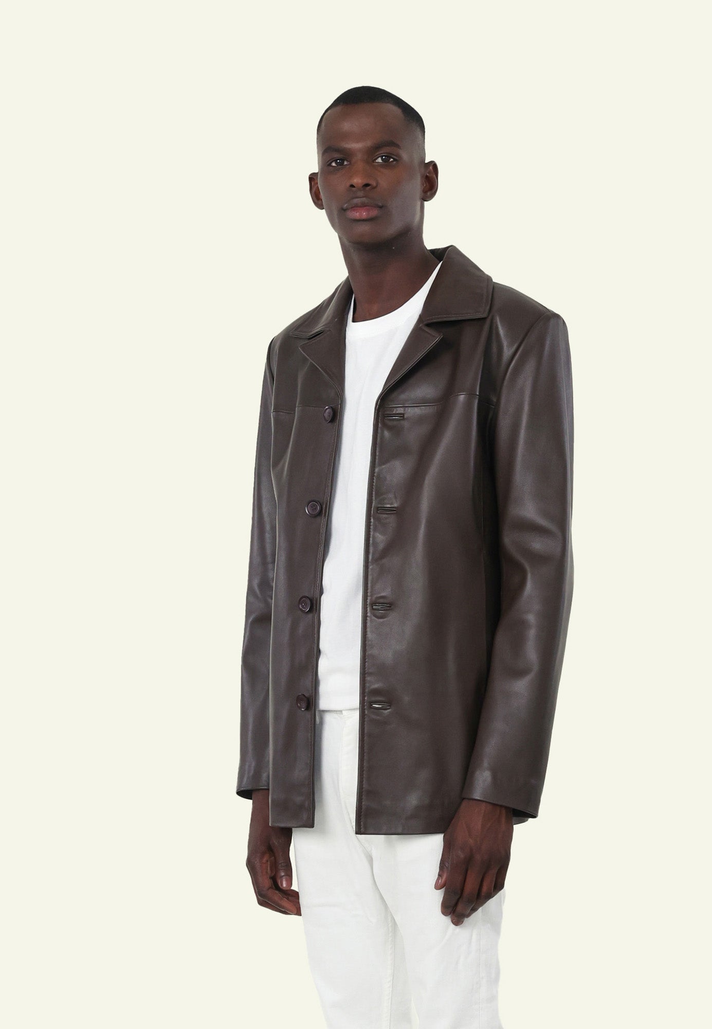 LORD BROWN porté homme veste cuir mouton brun — Serge Pariente Paris