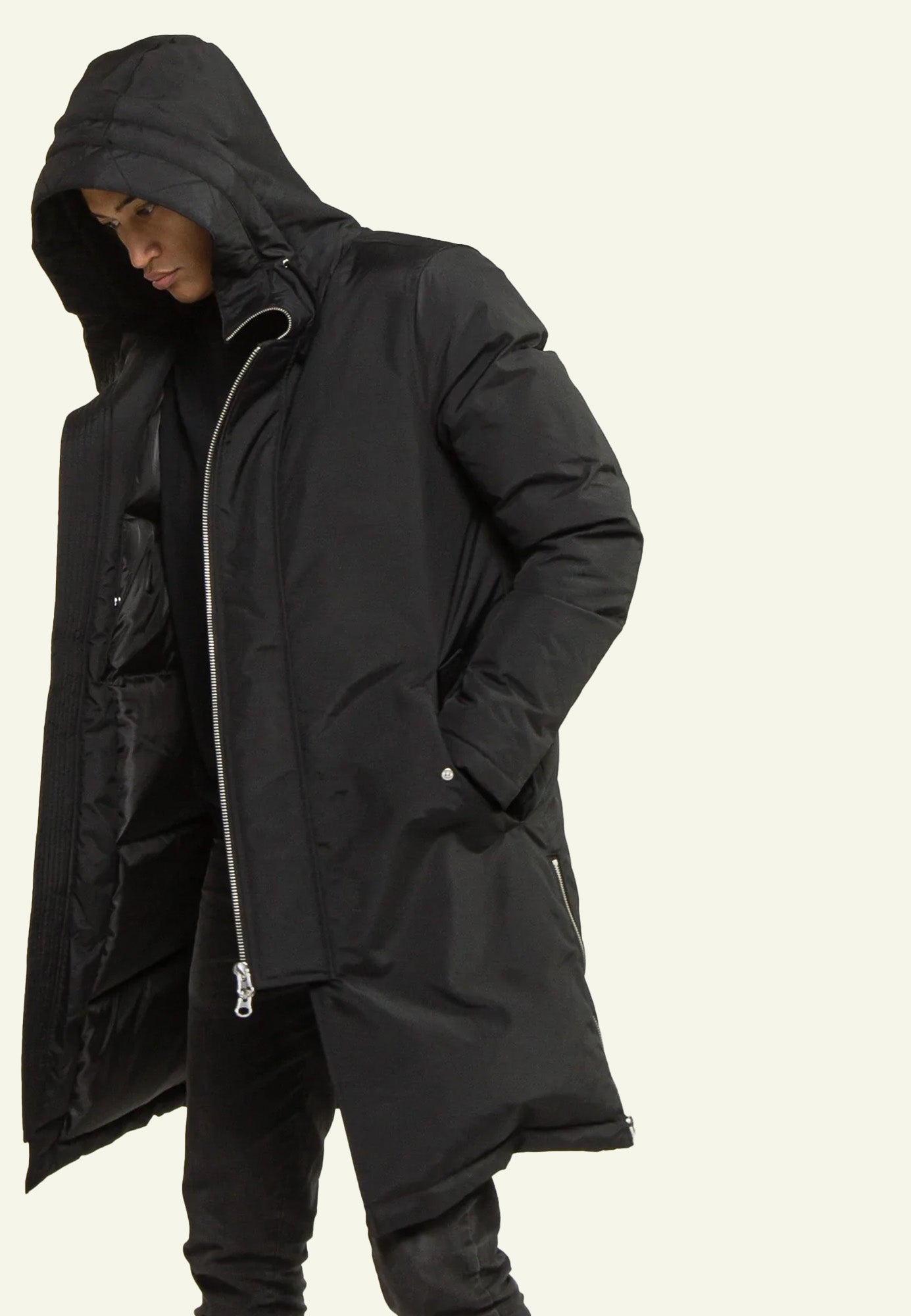 Parka longue cuir noir GROUND BLACK face — Serge Pariente Paris