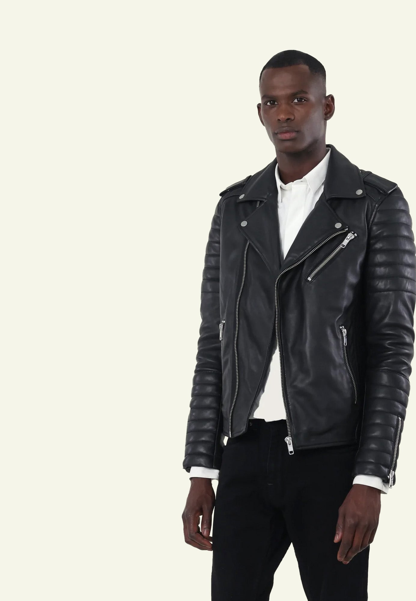 Blouson cuir matelassé épaules noir HIPSTER NF BLACK face — Serge Pariente