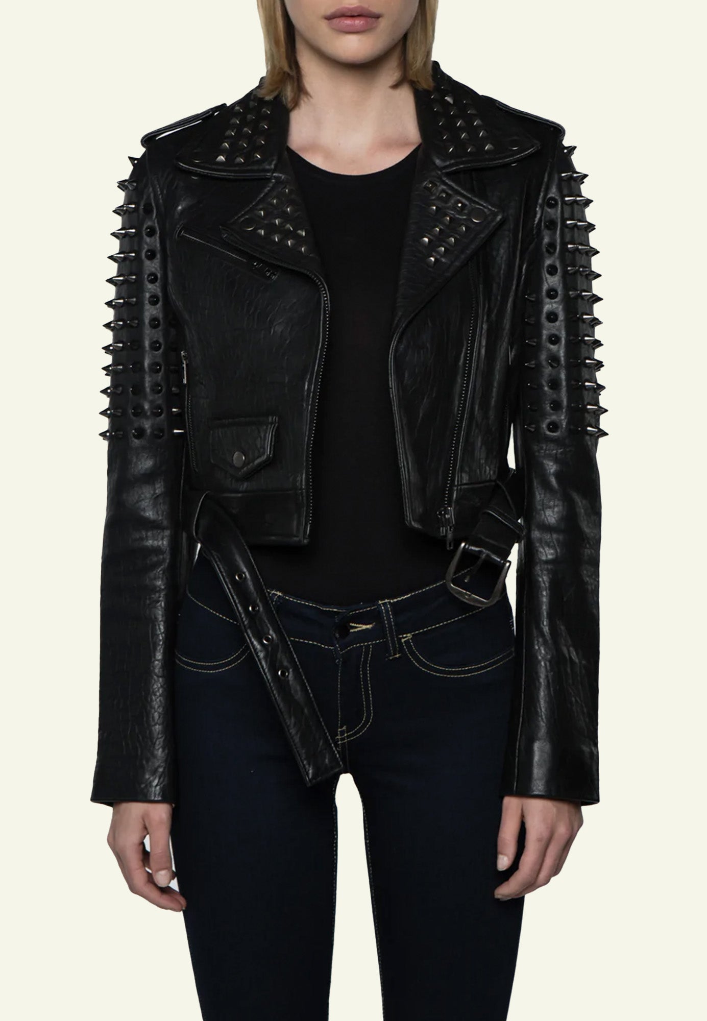 Veste cuir femme rivets métal noir LIA STUD face — Serge Pariente Paris