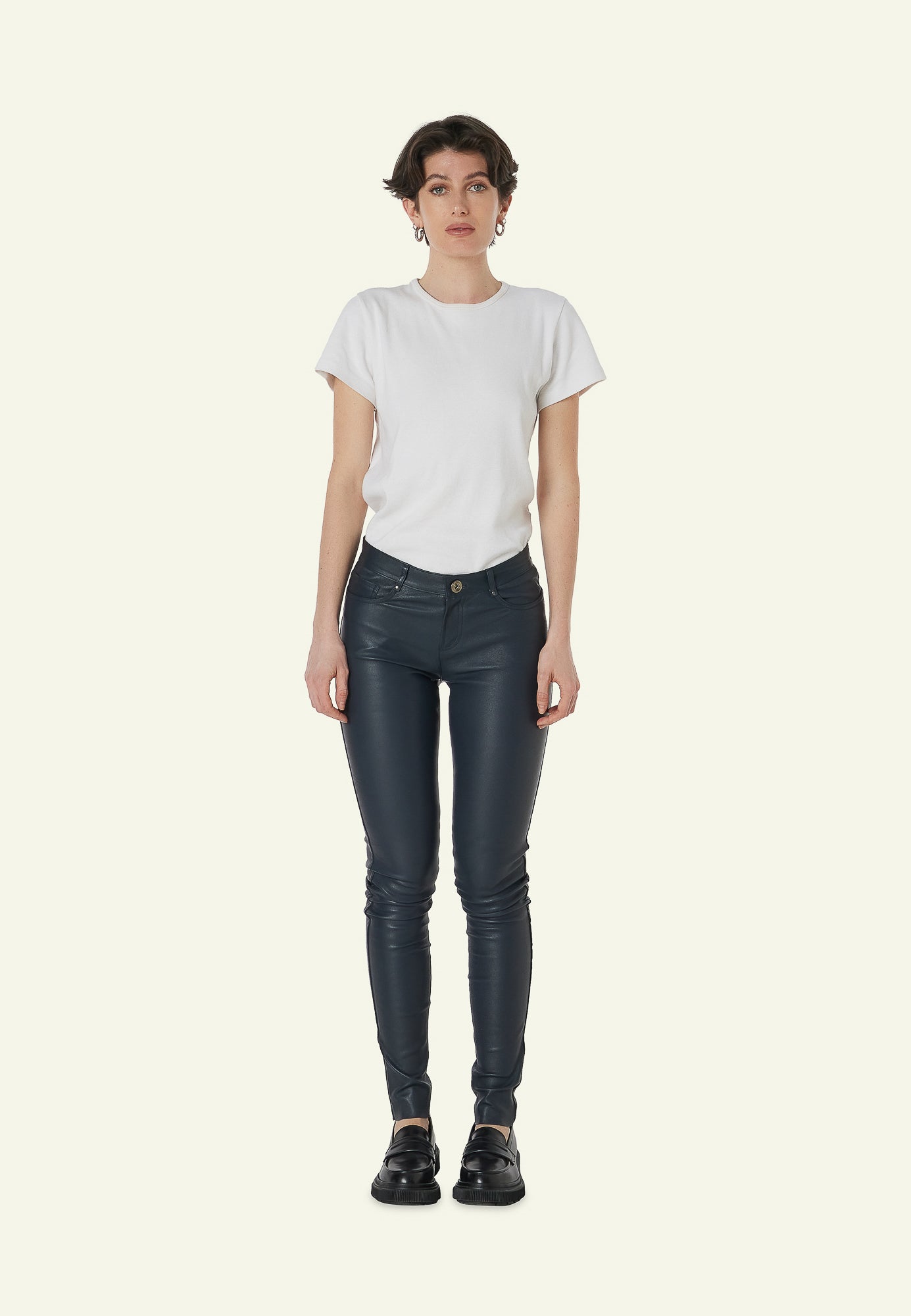 Pantalon cuir stretch SEXY STRECH BLUE - vue face - Serge Pariente Paris