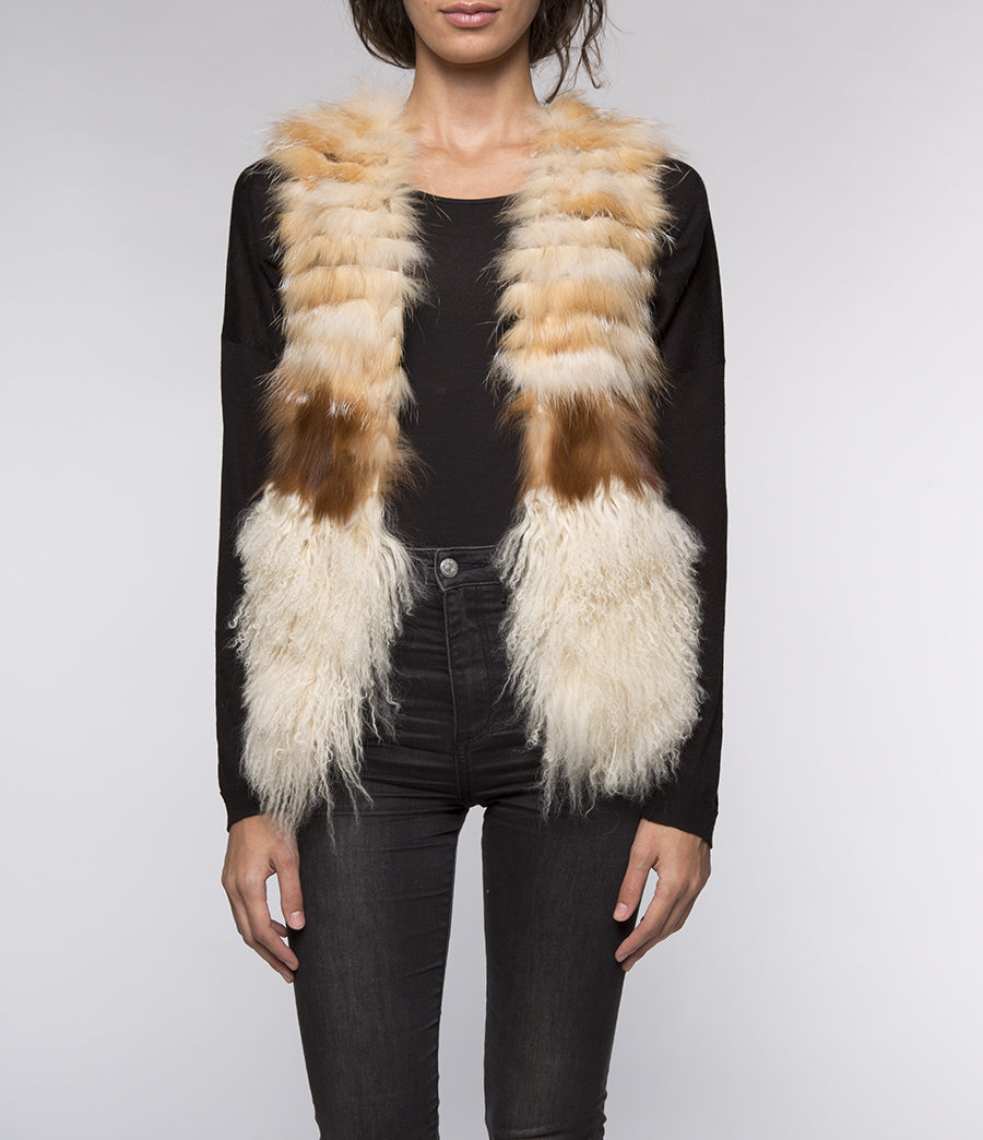 Gilet fourrure lapin et kalgan bicolore beige cognac femme — Serge Pariente Paris