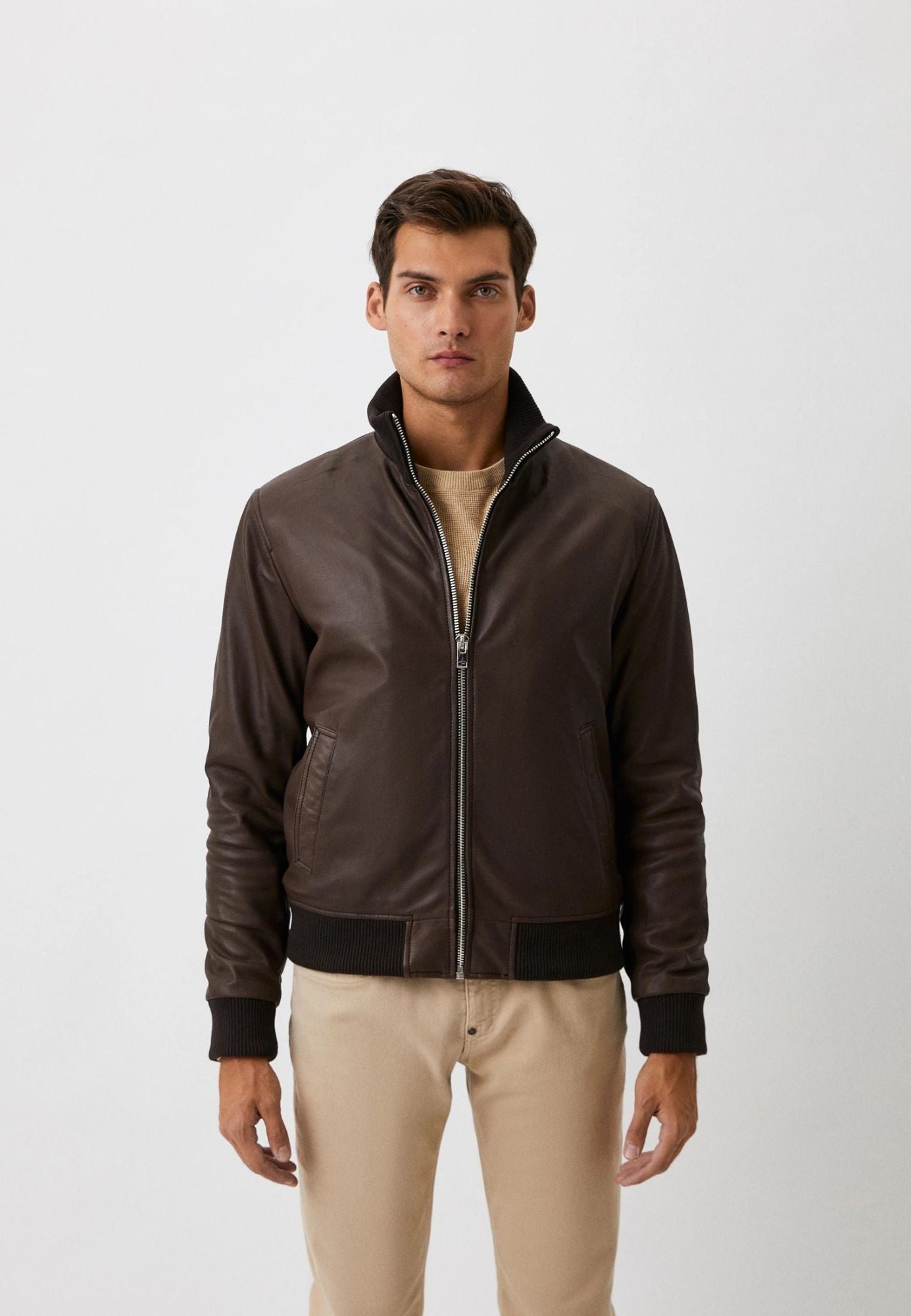Blouson cuir mouton brun finitions tricot PAROS BROWN face — Serge Pariente