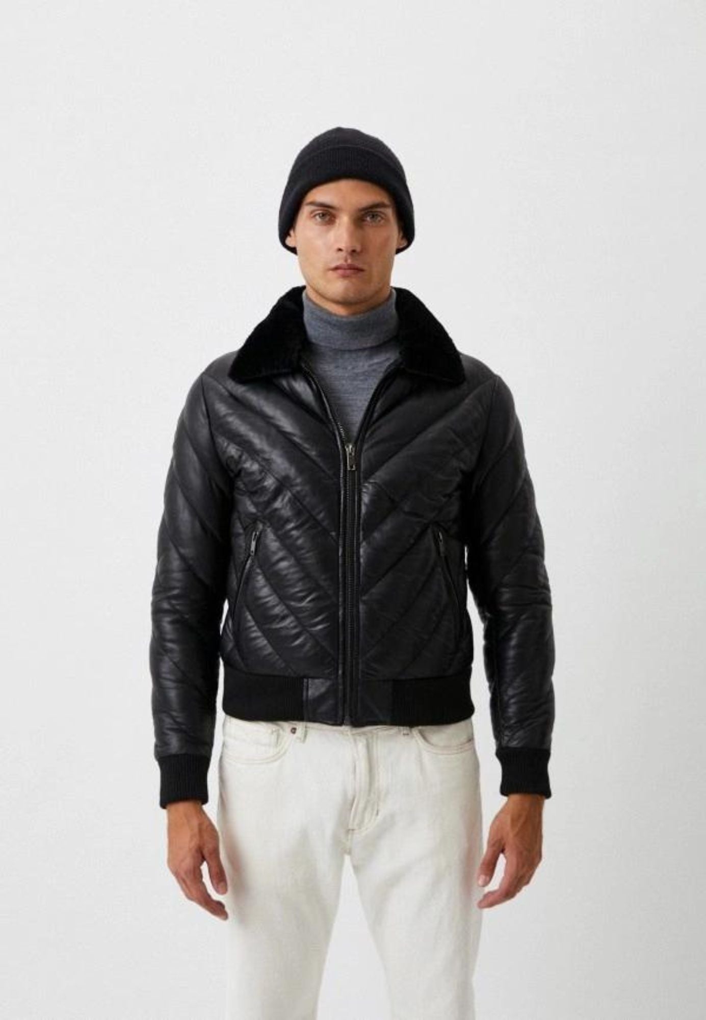 Doudoune cuir mouton noir FLASH BLACK face — Serge Pariente Paris
