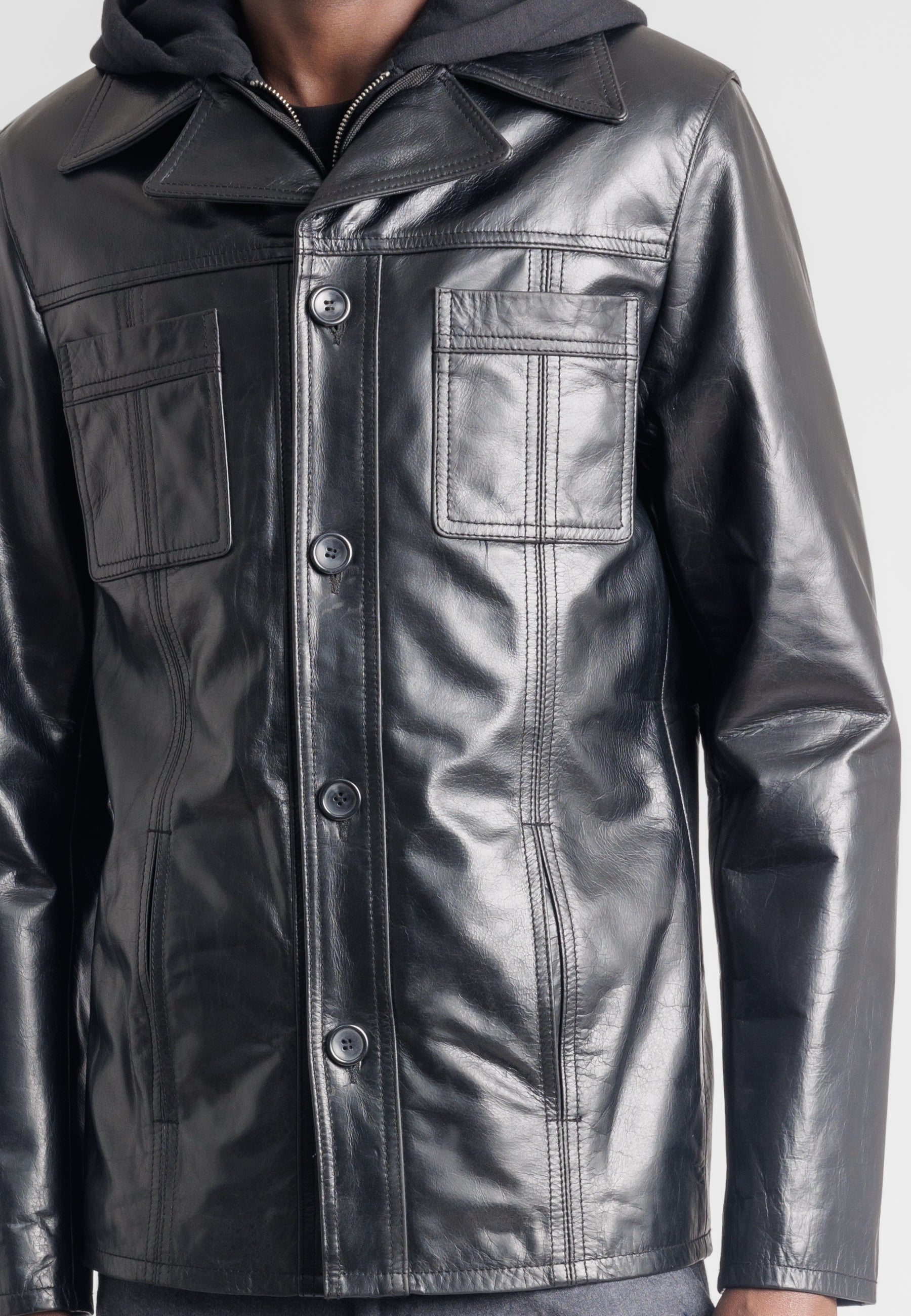 Blouson capuche cuir buffle TAGGART HOOD BUFFLE BLACK - vue complementaire 2 - Serge Pariente Paris