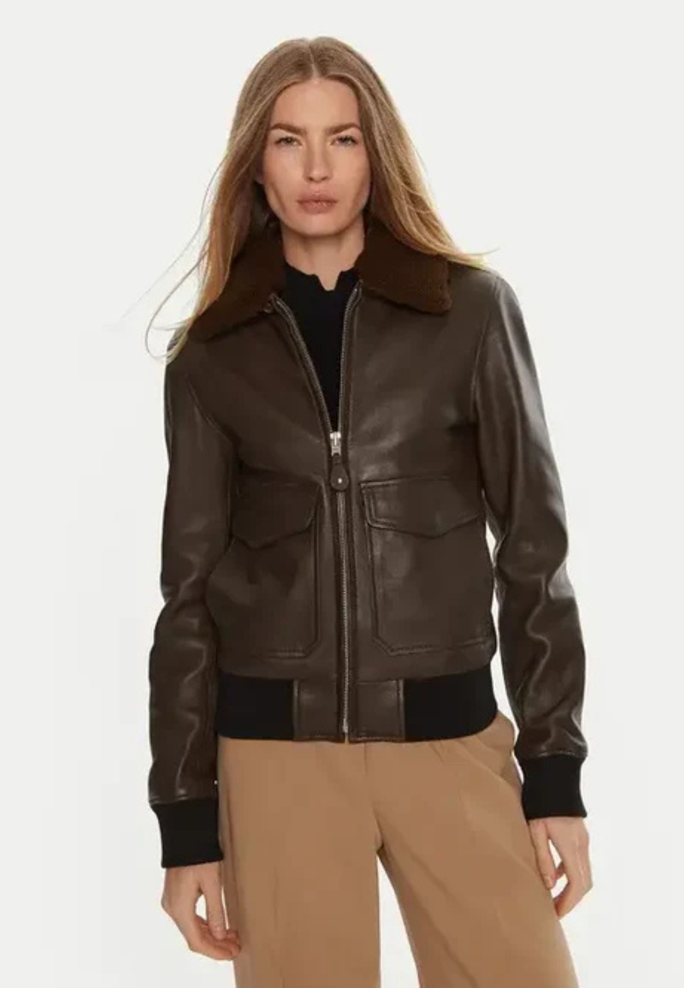 Blouson aviateur cuir mouton brun femme ROMANE BROWN face — Serge Pariente