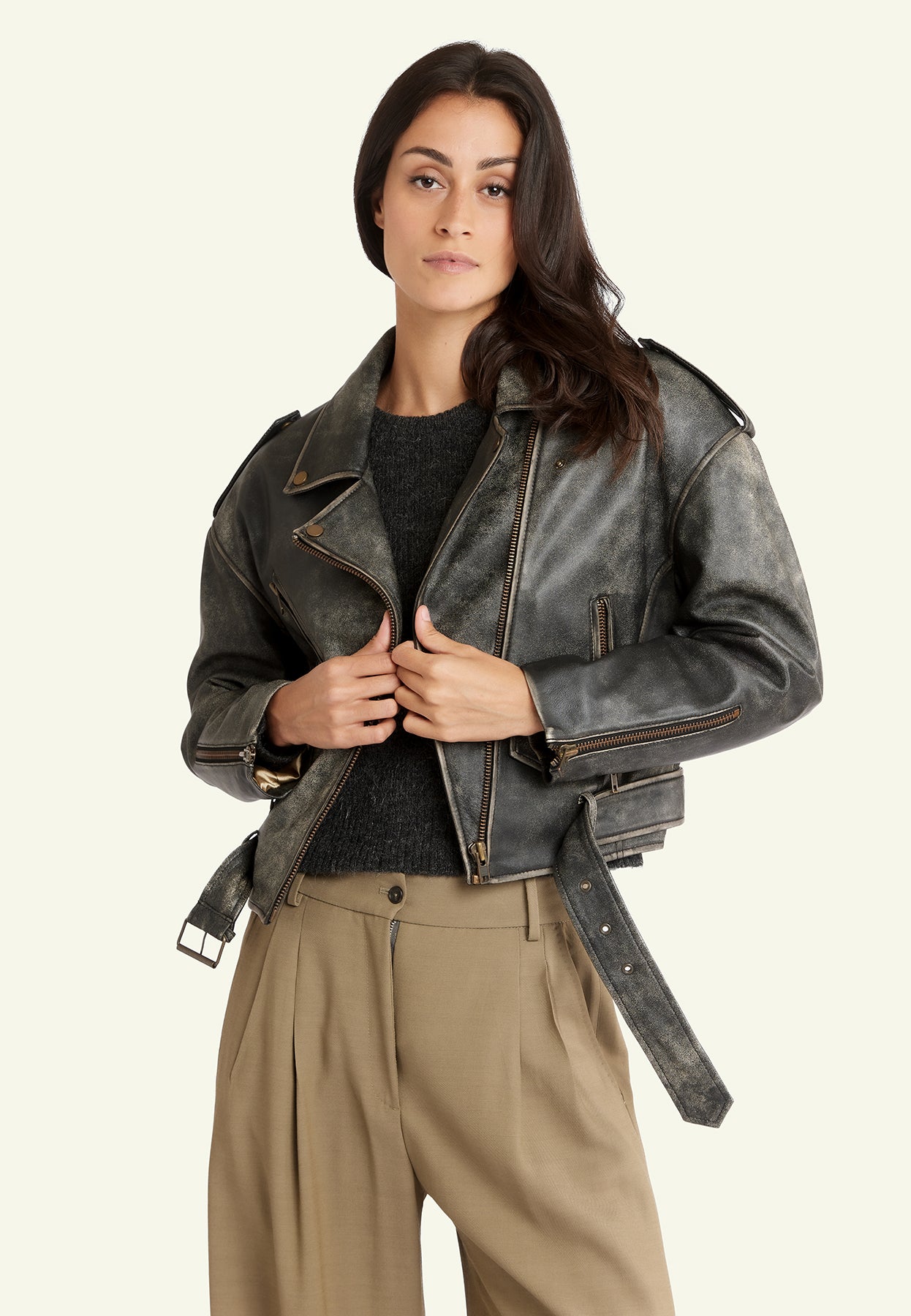 Gilet cuir STEF CHARCOL BEIGE - vue cote - Serge Pariente Paris