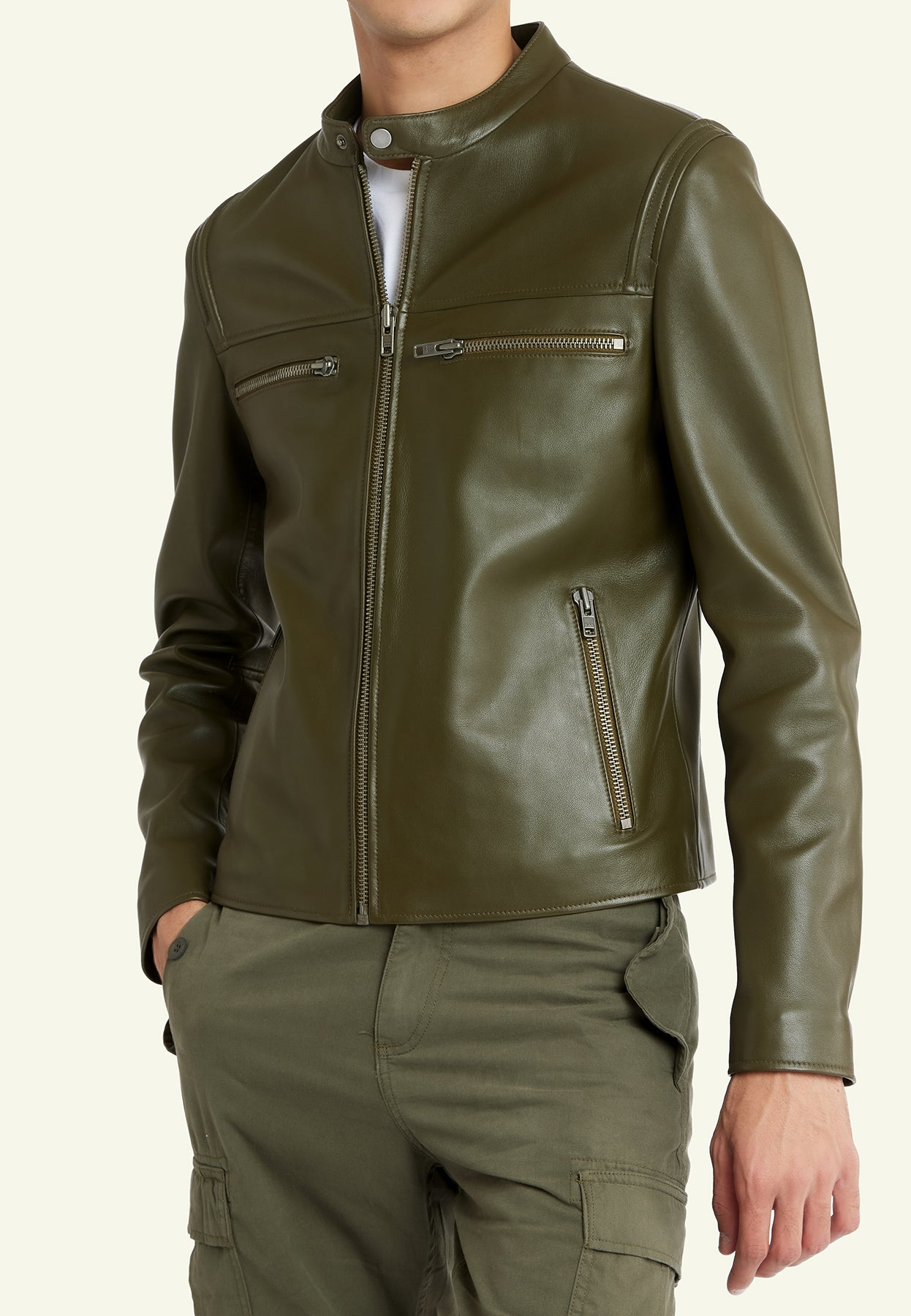 Blouson cuir JUSTICE KHAKI - vue detail - Serge Pariente Paris