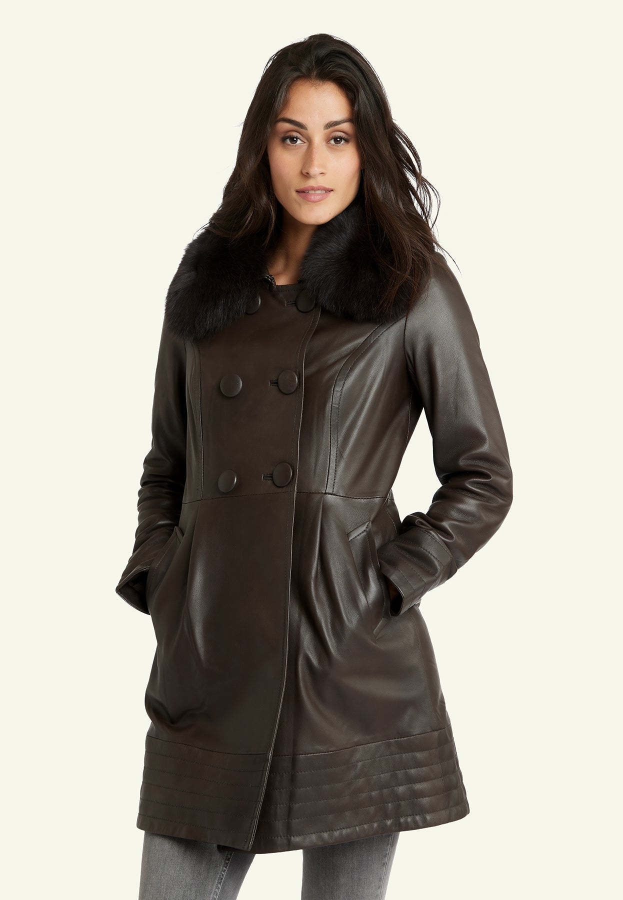 Manteau cuir mouton brun cintré TOTTI BROWN face — Serge Pariente Paris