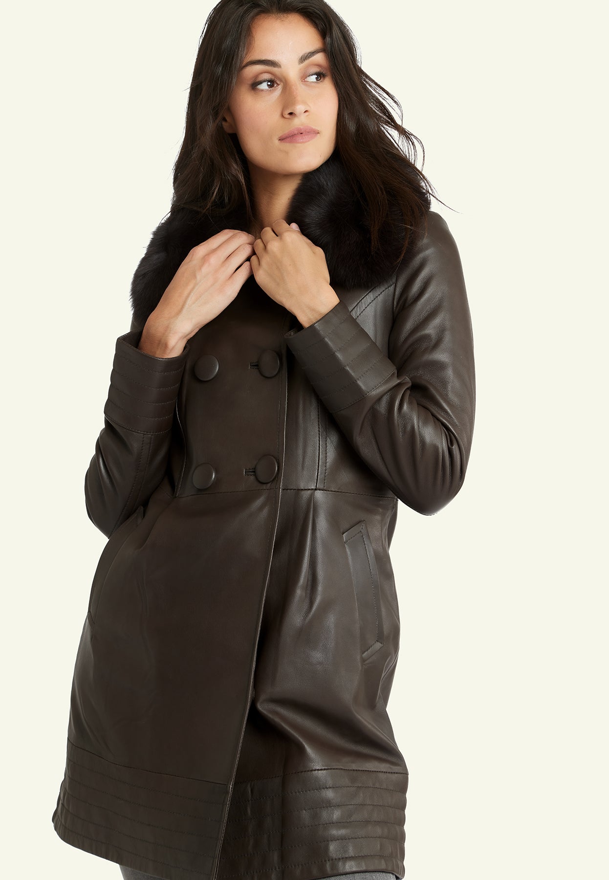 Manteau cuir TOTTI BROWN vue côté — Serge Pariente Paris