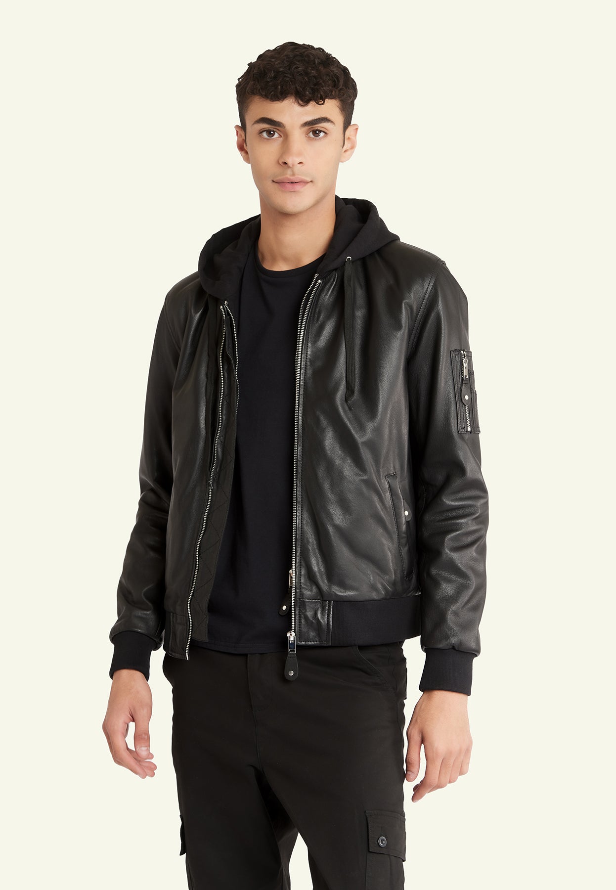 Blouson capuche cuir BALLE HOOD BLACK - vue face - Serge Pariente Paris