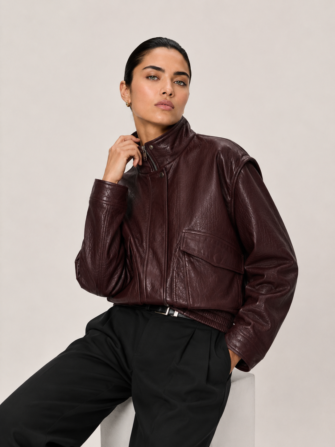 Blouson cuir FLOW DARK WINE - vue face - Serge Pariente Paris