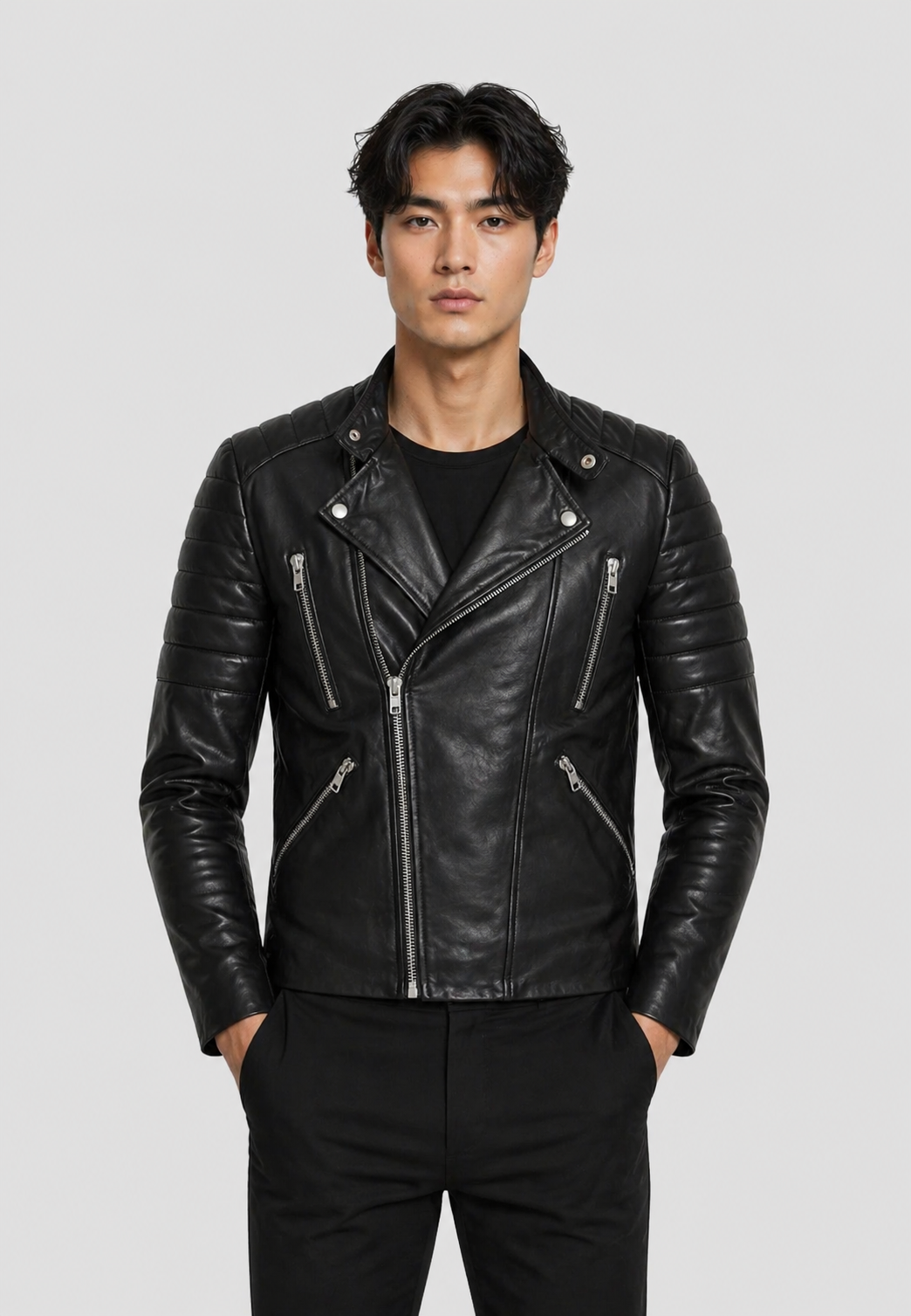 Blouson cuir biker noir homme GLADIATOR BLACK face — Serge Pariente