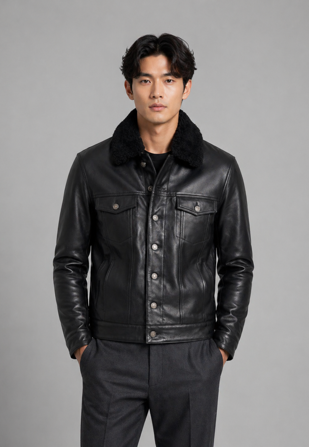 Veste cuir mouton noir col chemise ELIAS BLACK face — Serge Pariente