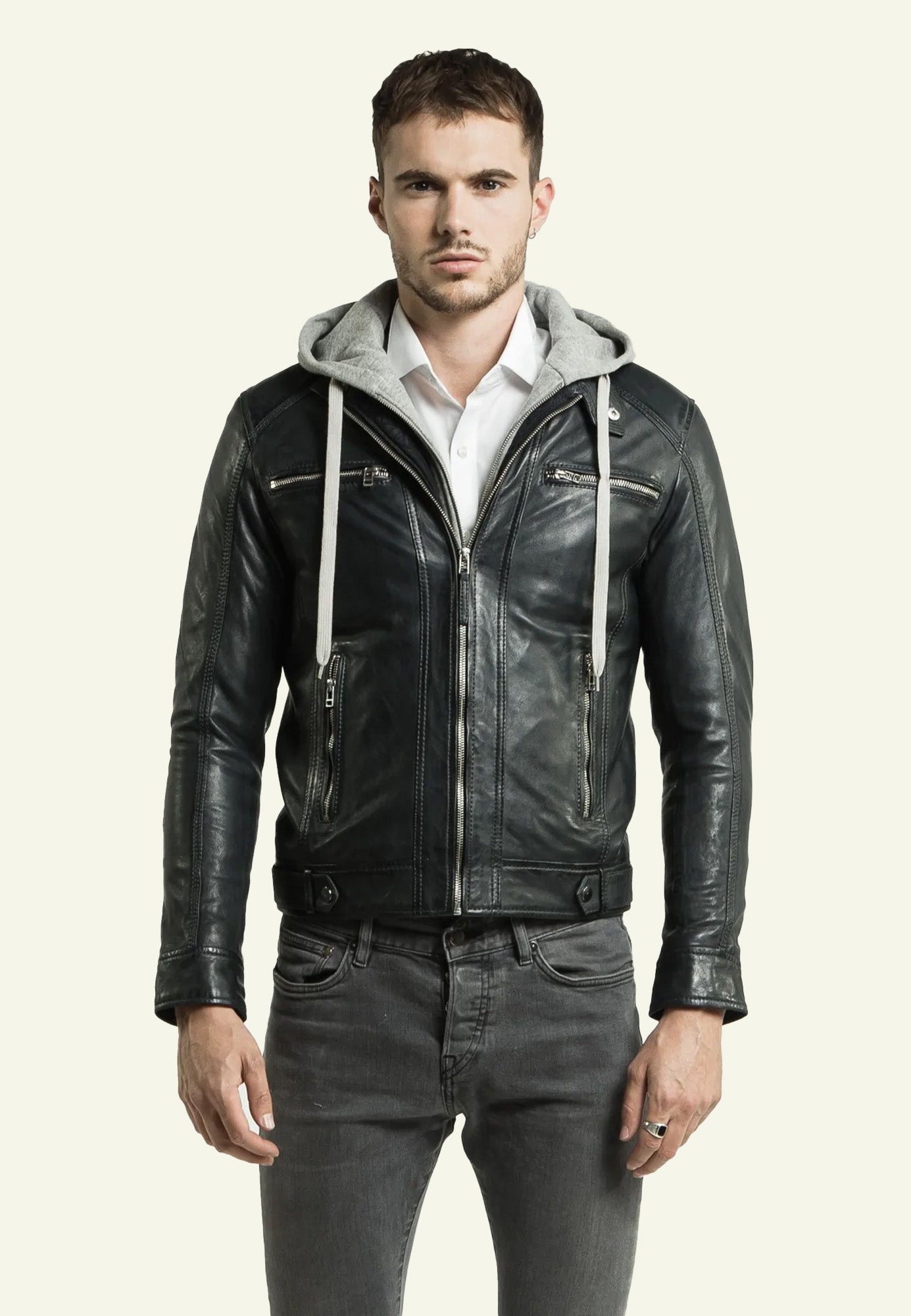Blouson capuche cuir ERICO HOOD NF BLUE - vue face - Serge Pariente Paris