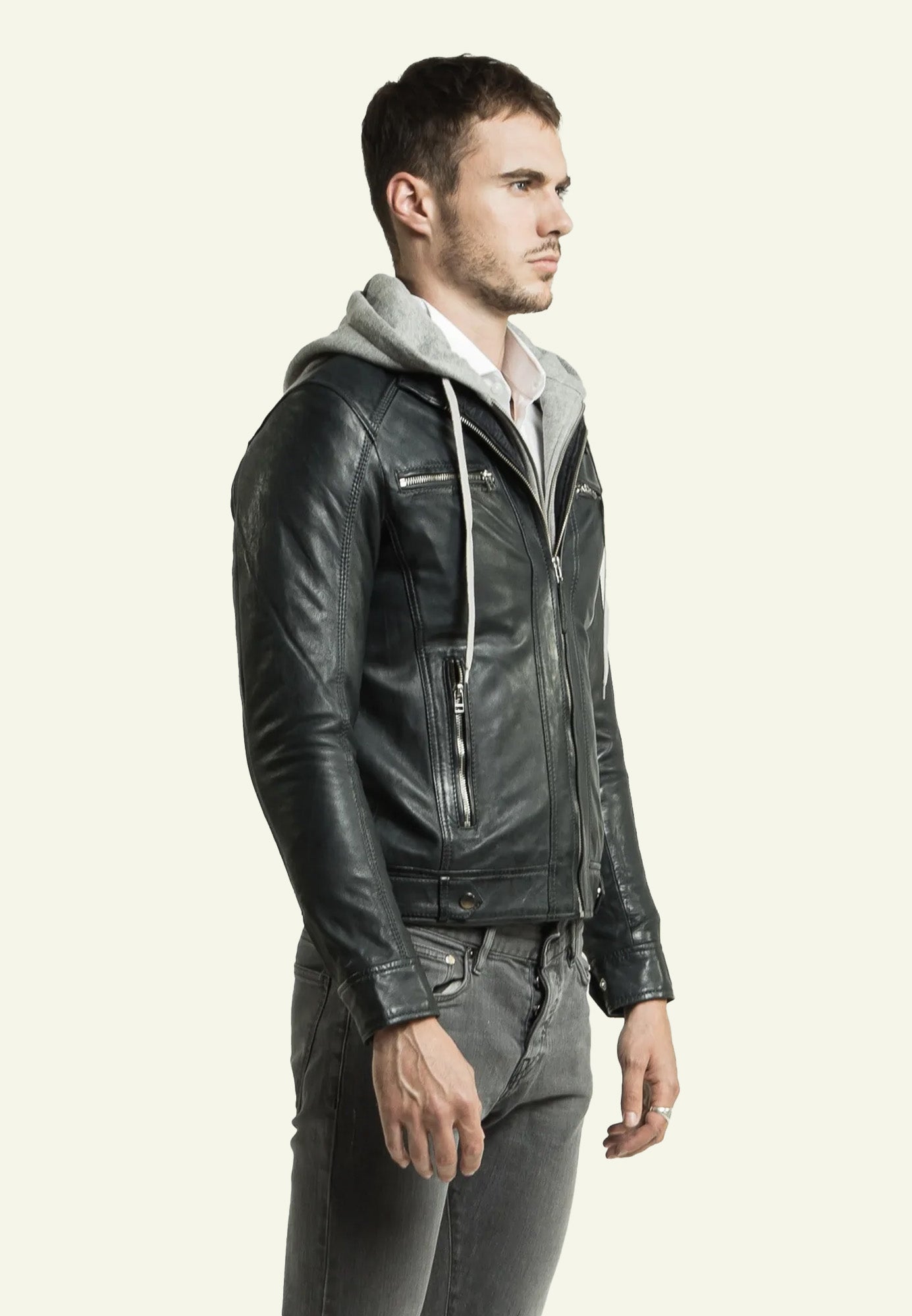 Blouson capuche cuir ERICO HOOD NF BLUE - vue portee - Serge Pariente Paris