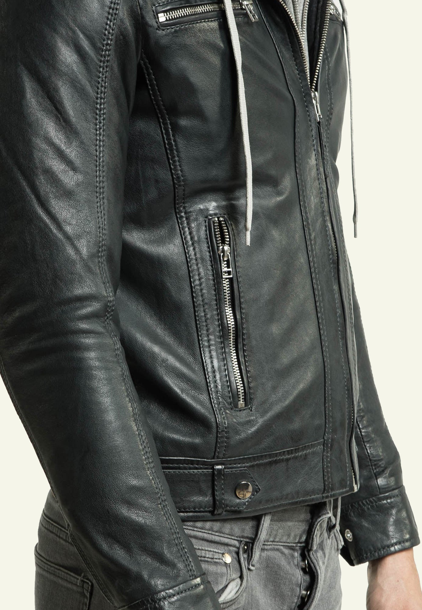 Blouson capuche cuir ERICO HOOD NF BLUE - vue cote - Serge Pariente Paris