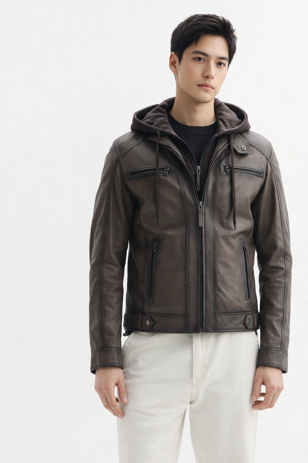 Blouson capuche cuir ERICO HOOD NF TAUPE - vue face - Serge Pariente Paris