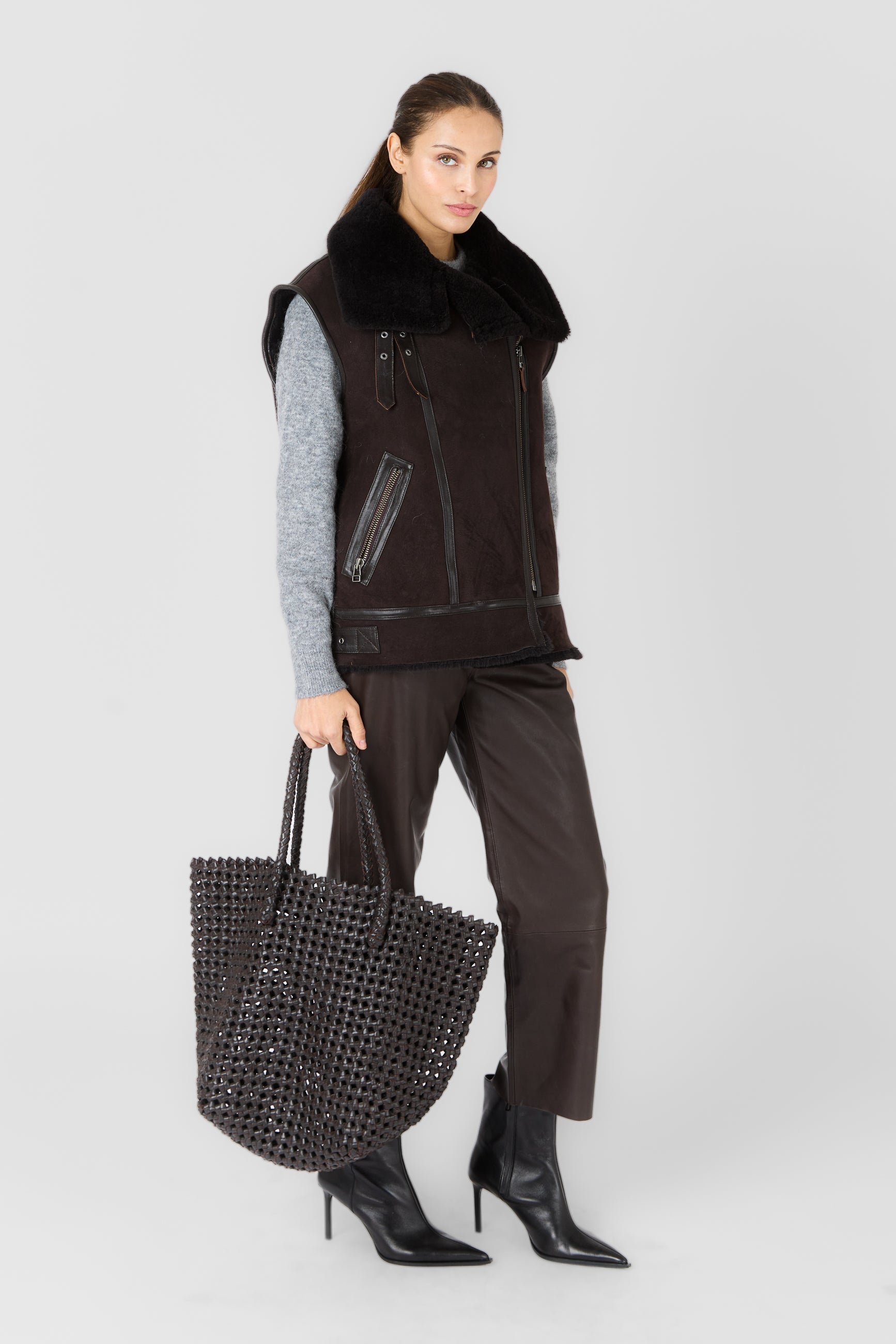 Gilet cuir CHRISTELLE GILET BROWN - vue complementaire 1 - Serge Pariente Paris