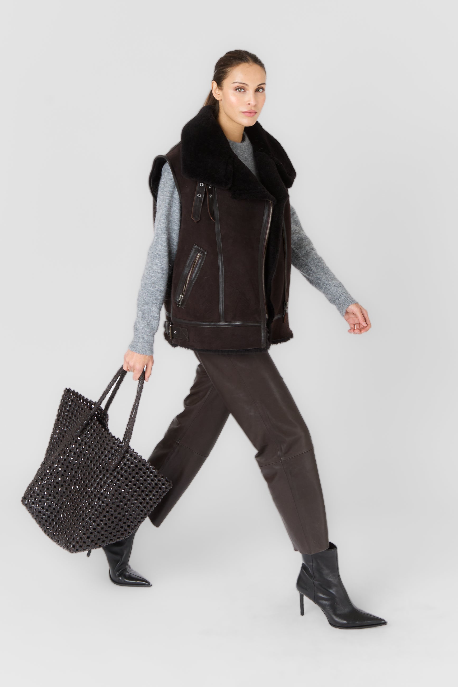 Gilet cuir CHRISTELLE GILET BROWN - vue complementaire 2 - Serge Pariente Paris