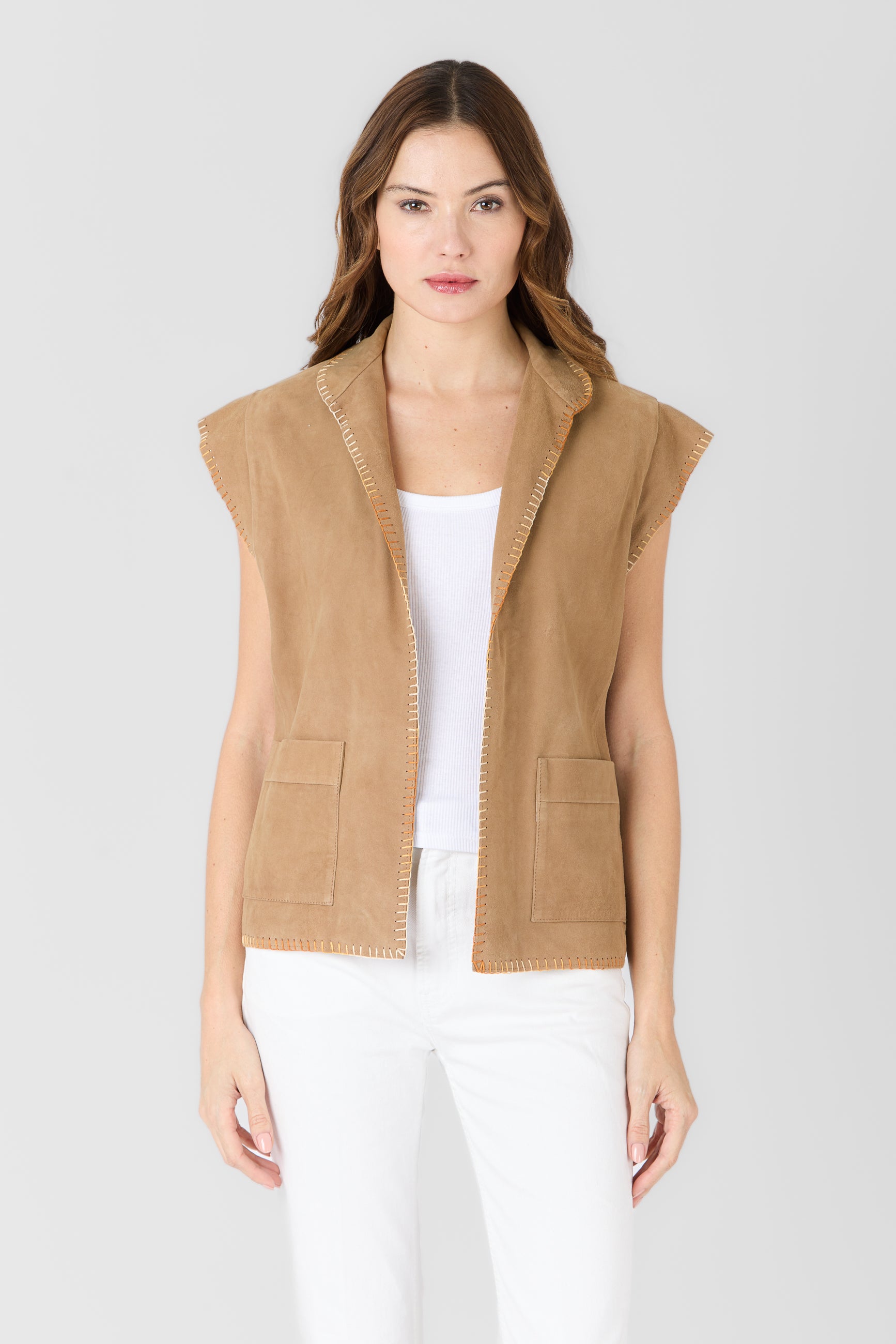 Gilet daim SARAH VEST VS BEIGE - vue face - Serge Pariente Paris