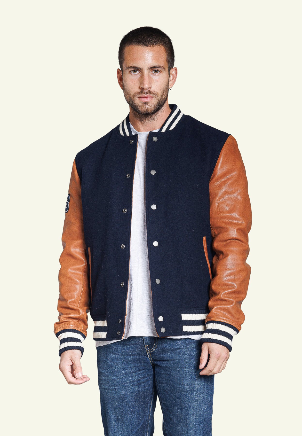 Blouson varsity VARSITY BLUE ET COGNAC - vue face - Serge Pariente Paris