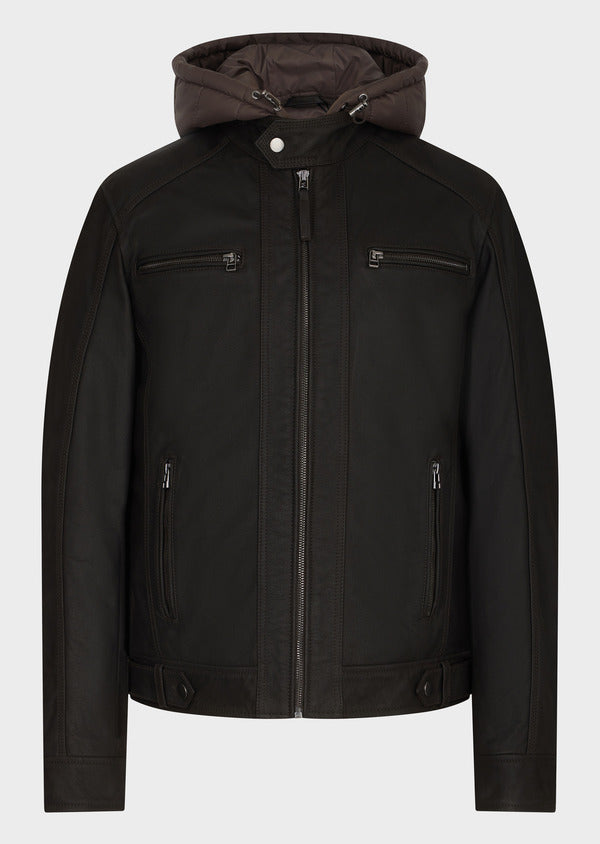 Blouson capuche cuir buffle ERICO HOOD BUFF CASINO BROWN - vue portee - Serge Pariente Paris